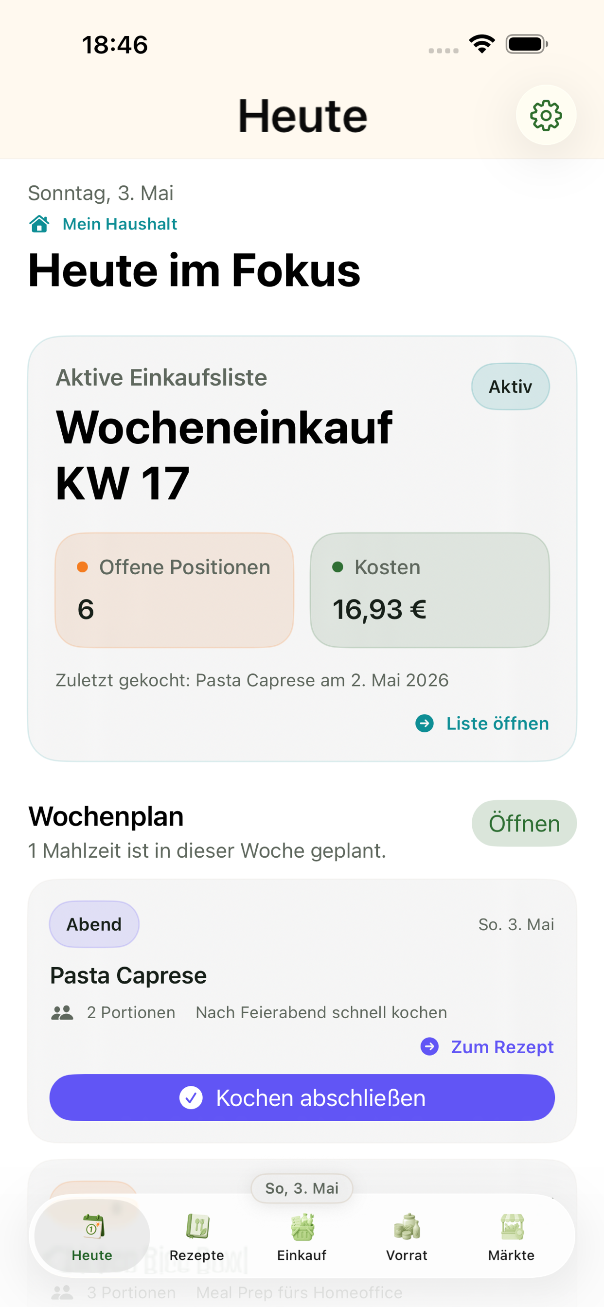 Heute-Ansicht mit Empfehlungen, Vorratshinweisen und Einkaufsbedarf
