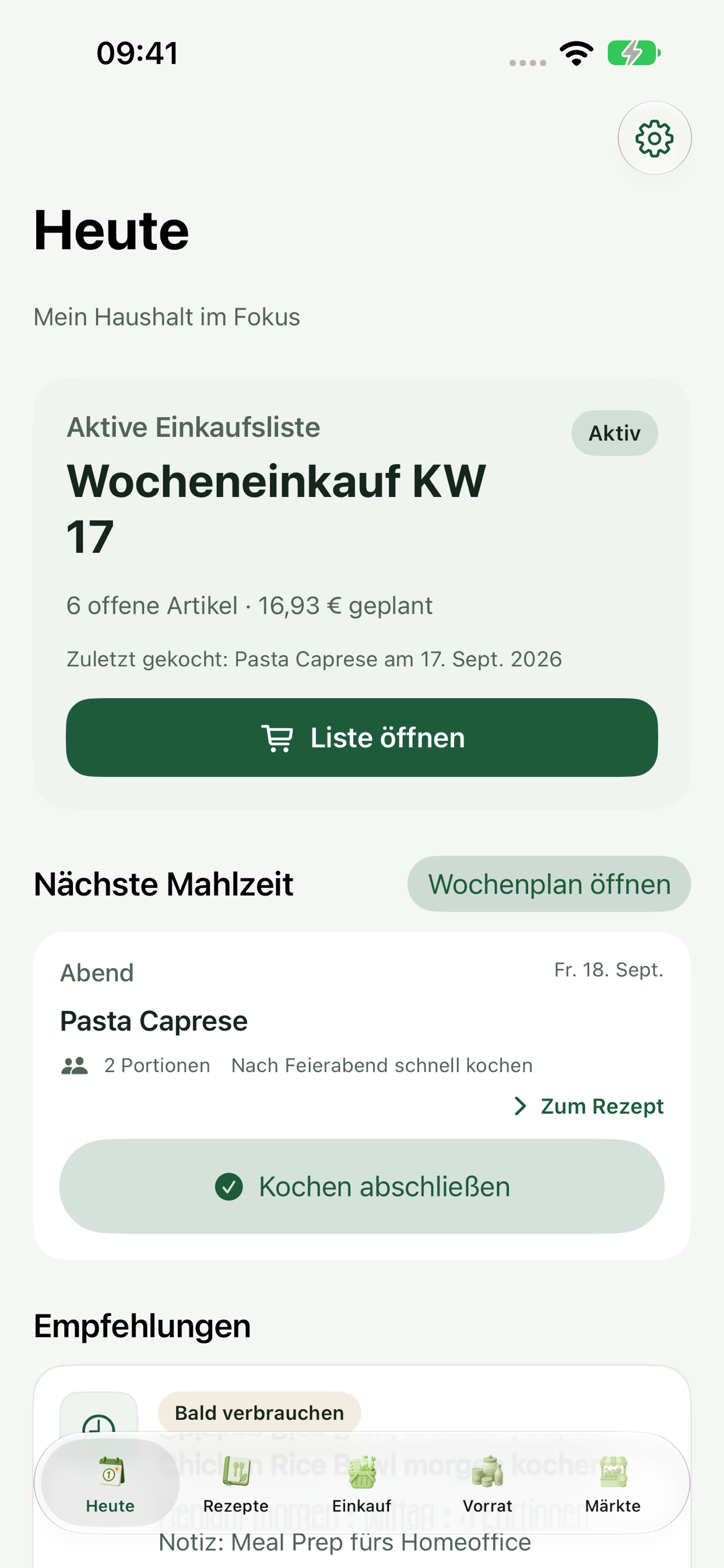 Originalansicht der EssPla-App: Heute mit aktiver Einkaufsliste und nächster Mahlzeit