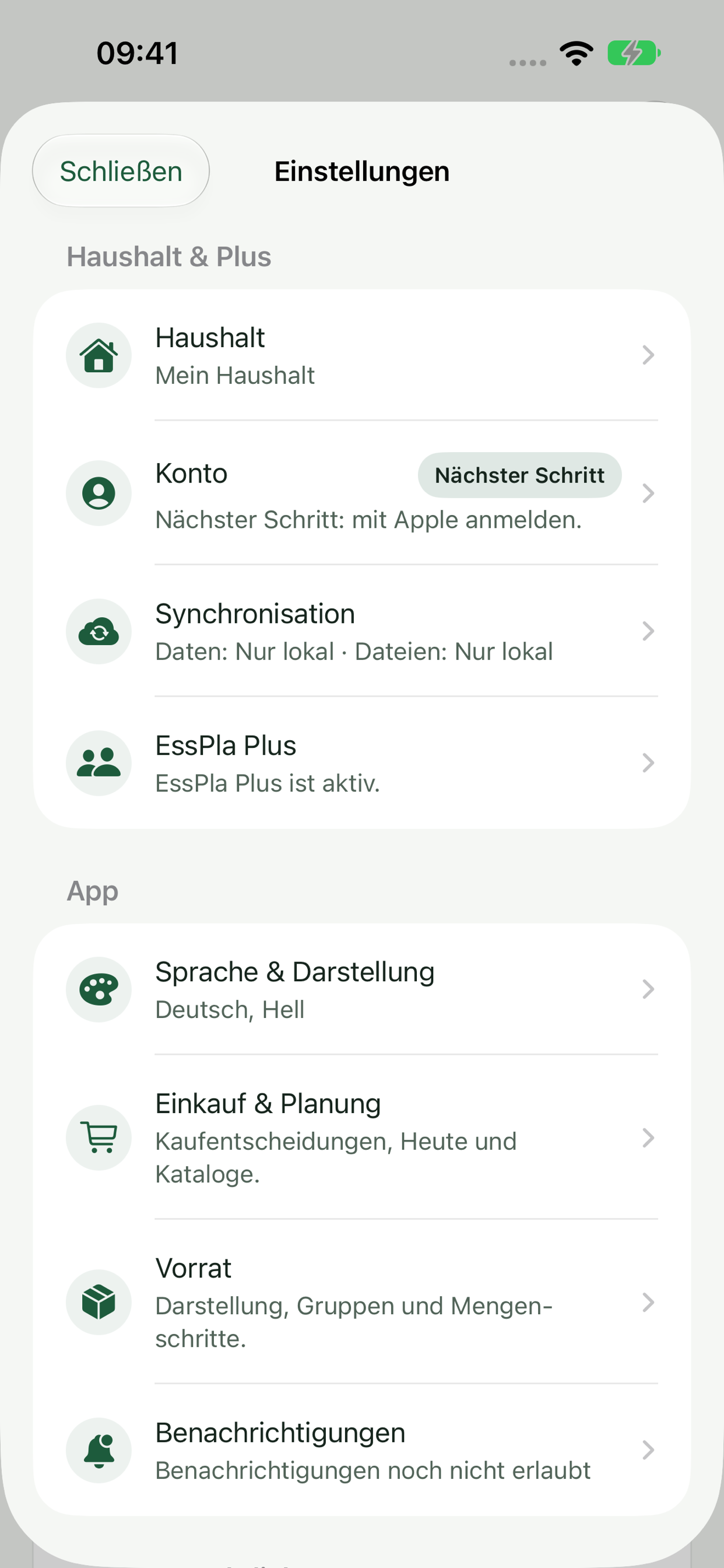Einstellungen für Haushalt, Konto, Synchronisierung und EssPla Plus
