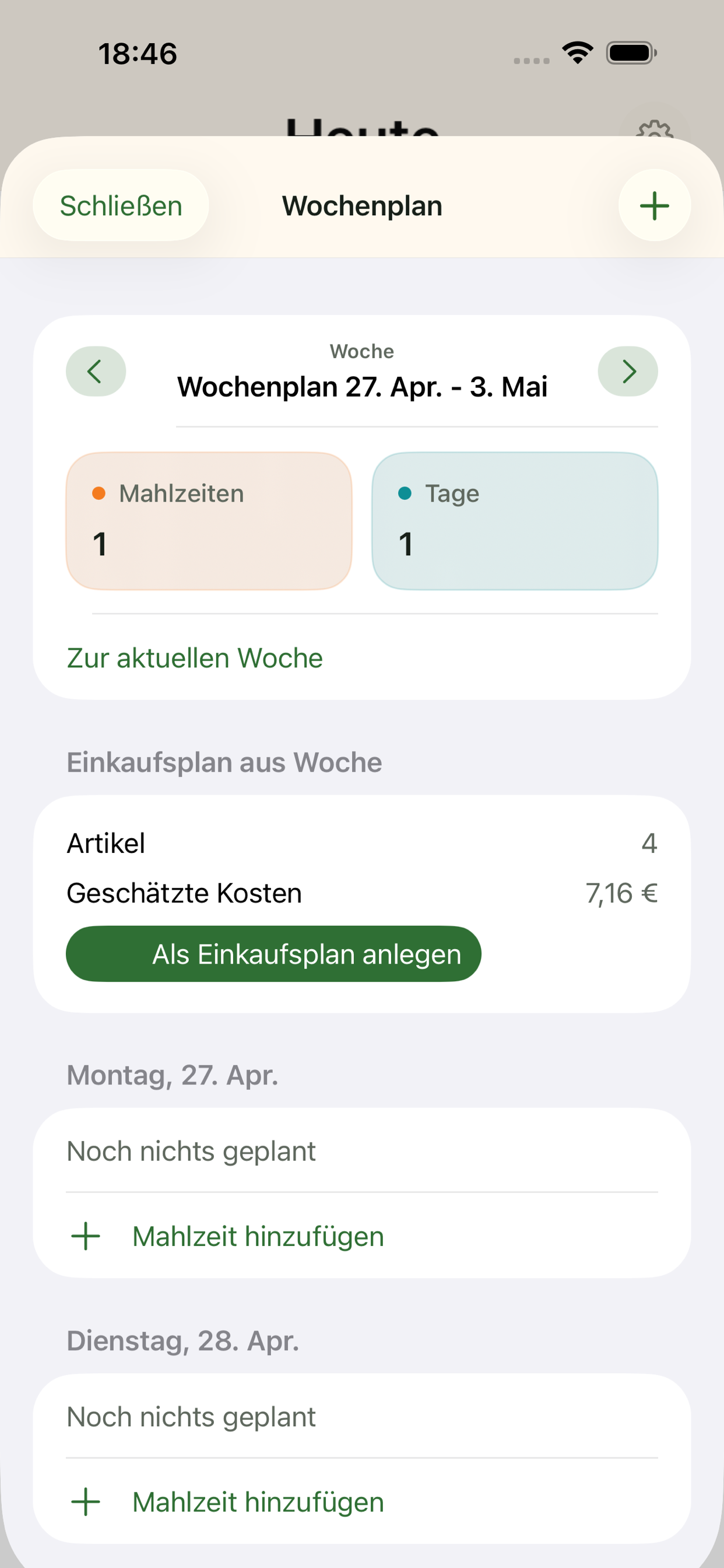 Wochenplan mit geplanten Mahlzeiten