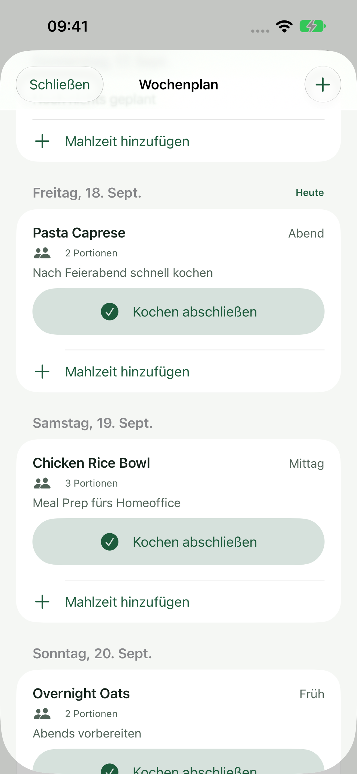 Originalansicht des Wochenplans mit geplanten Mahlzeiten