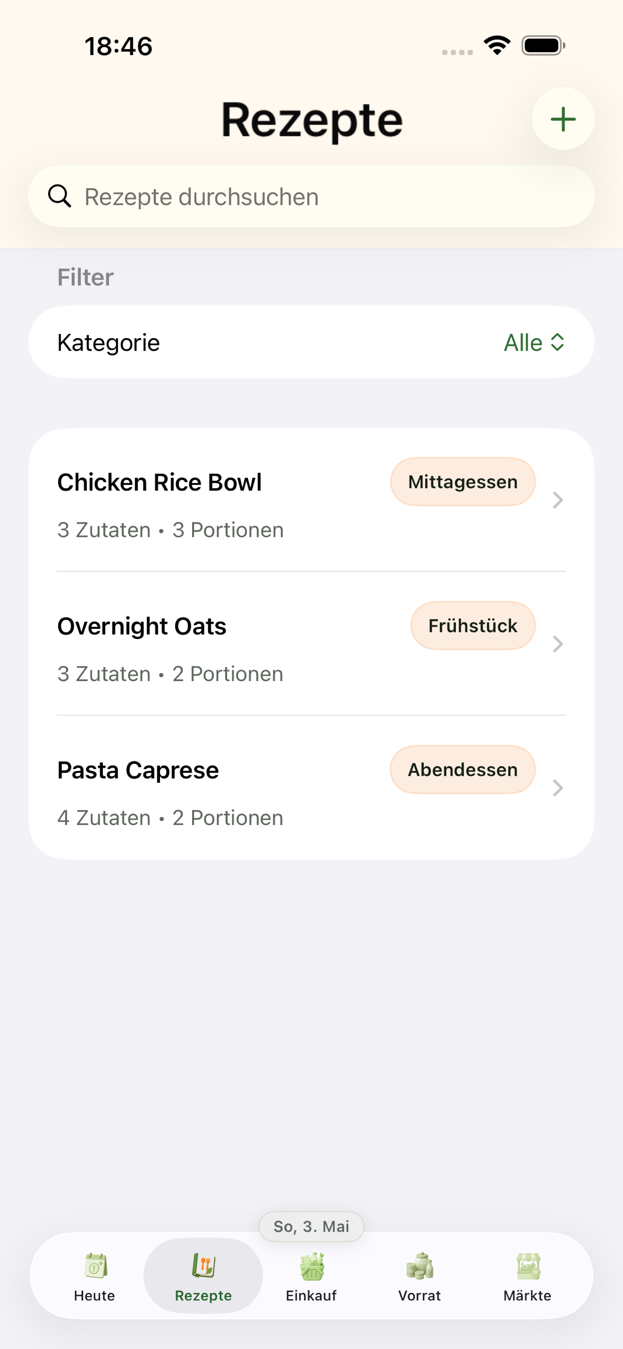 Rezeptliste mit Kategorien und Suchfeld