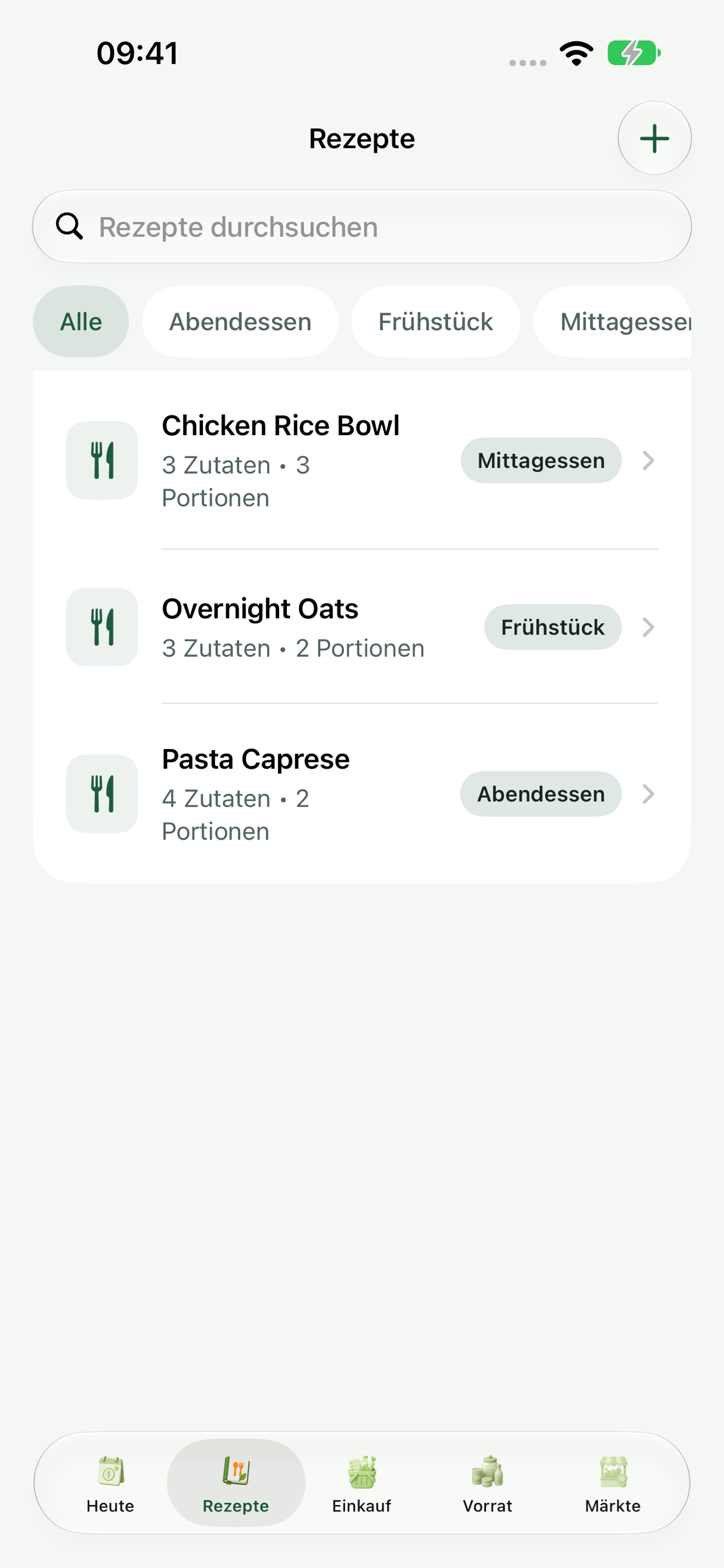 Rezeptliste mit Kategorien und Suchfeld