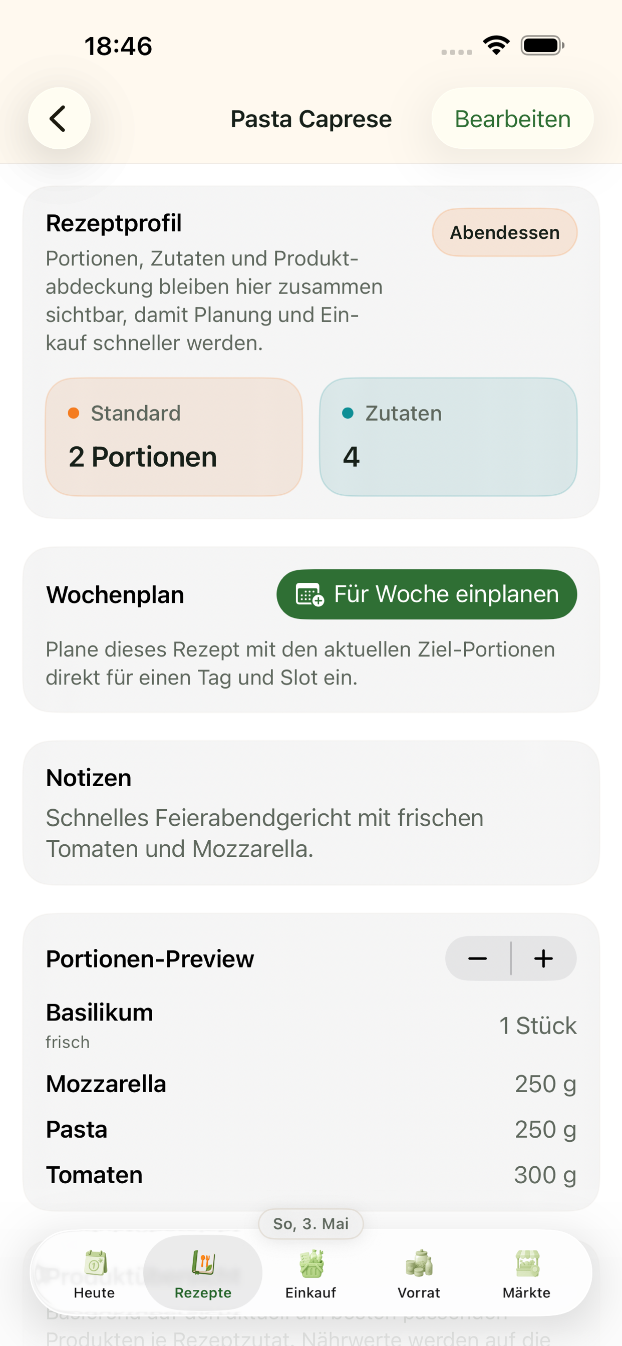 Rezeptdetail mit Zutaten und Zubereitung