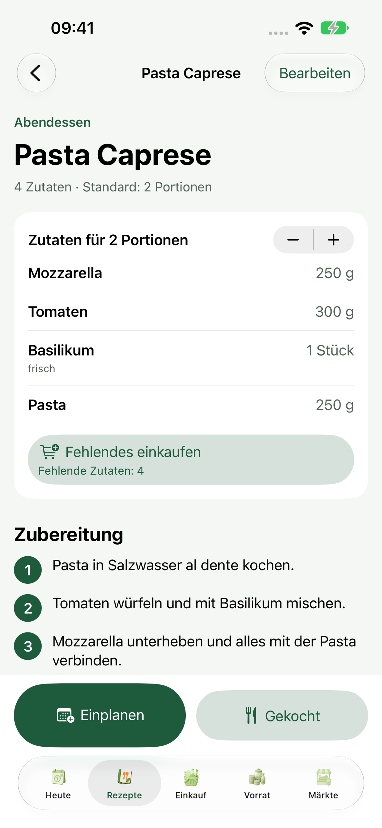 Rezeptdetail mit Zutaten und Zubereitung