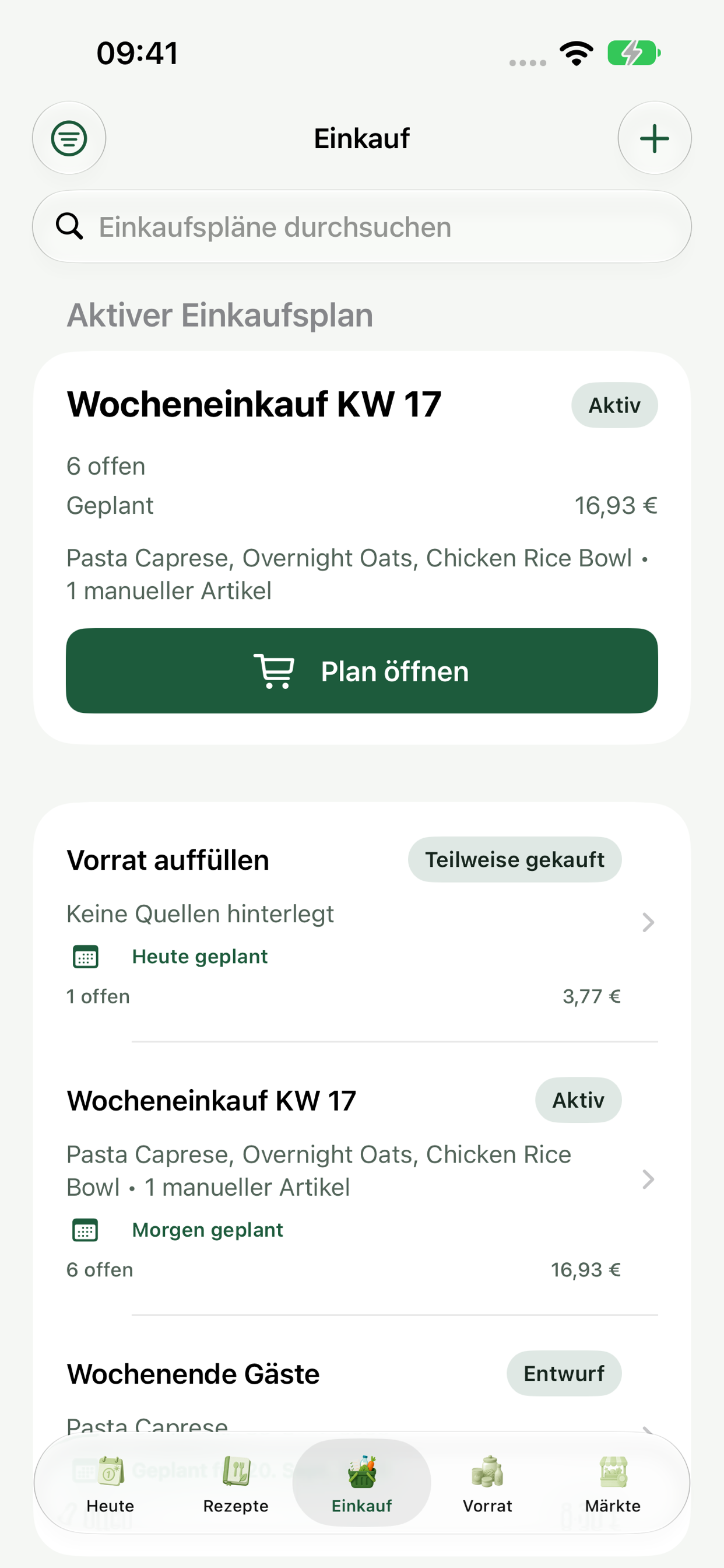 Einkaufsübersicht mit aktivem Plan und weiteren Einkaufslisten