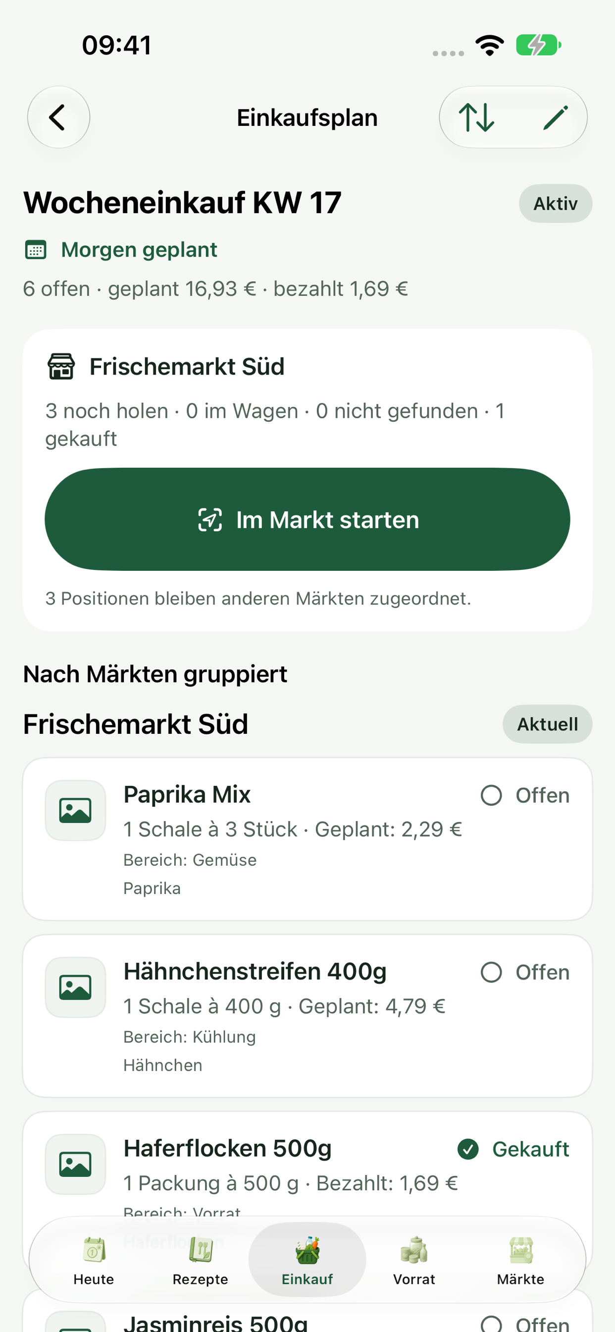 Einkaufsplan mit benötigten Produkten