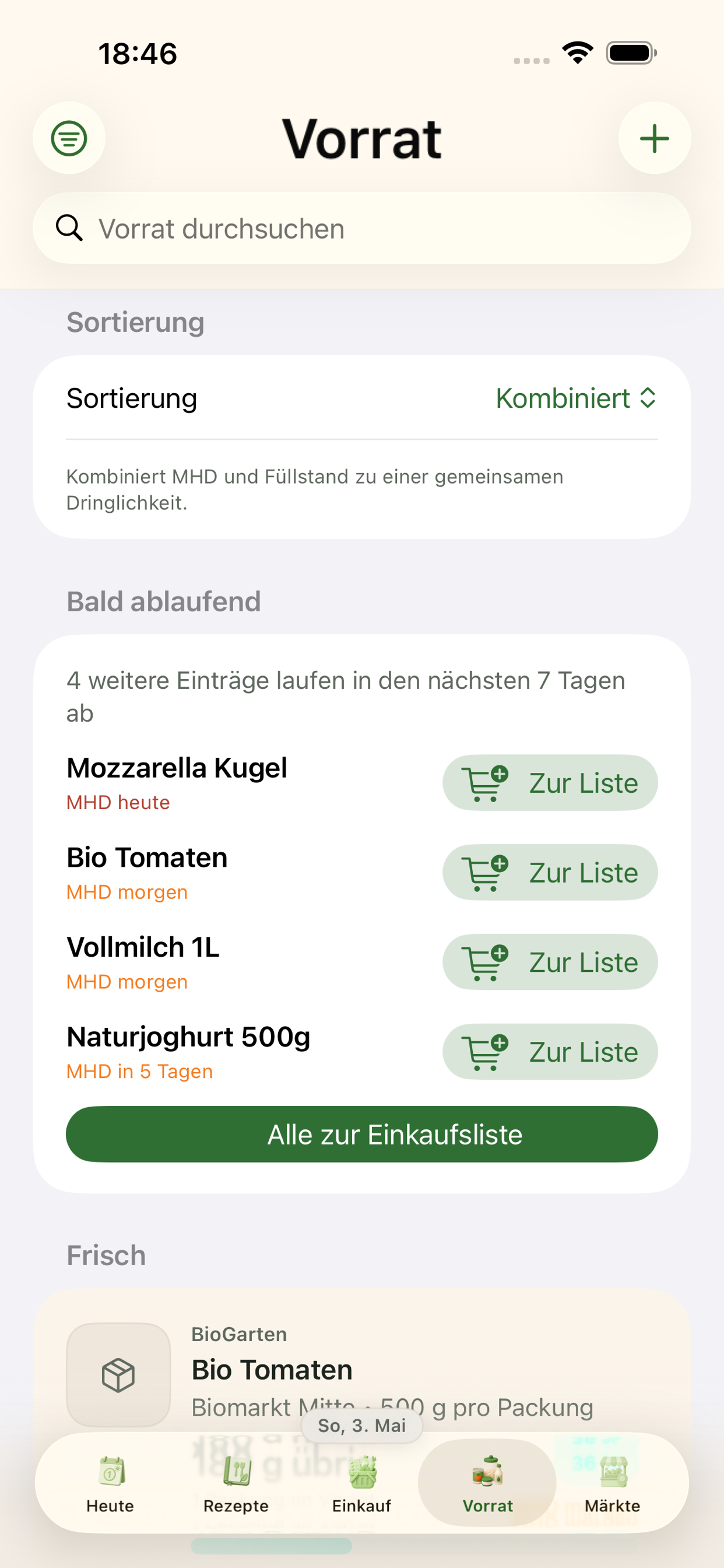 Vorratsliste mit Mengen und Verfallsinformationen