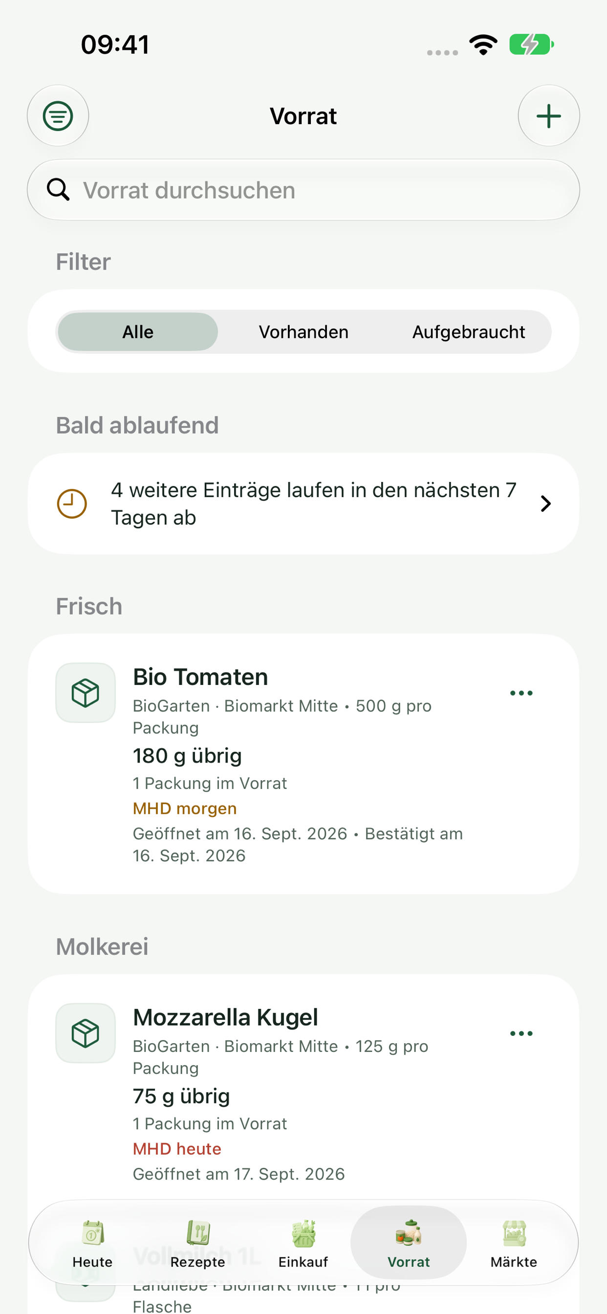 Vorratsliste mit Mengen und Verfallsinformationen