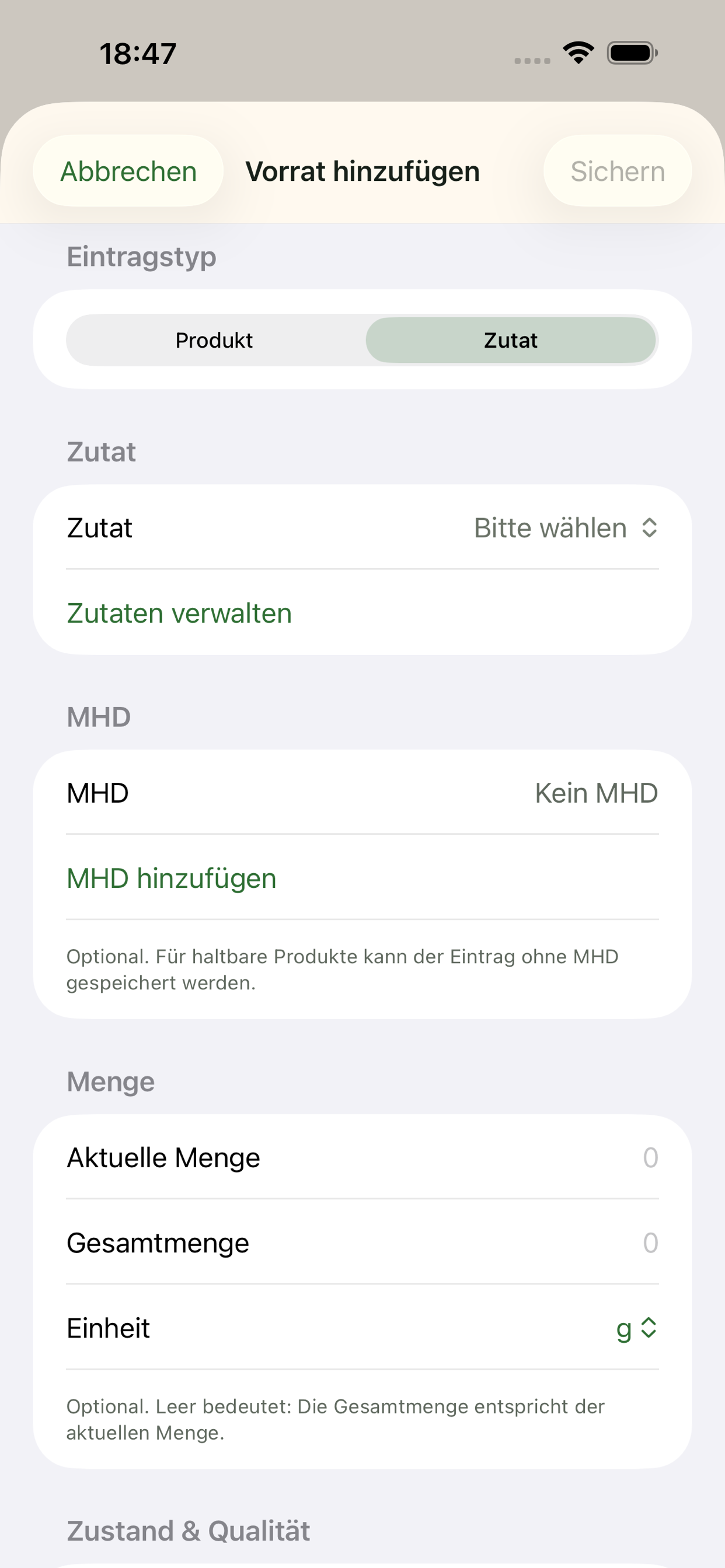 Editor für Vorratsmengen und Produktdetails