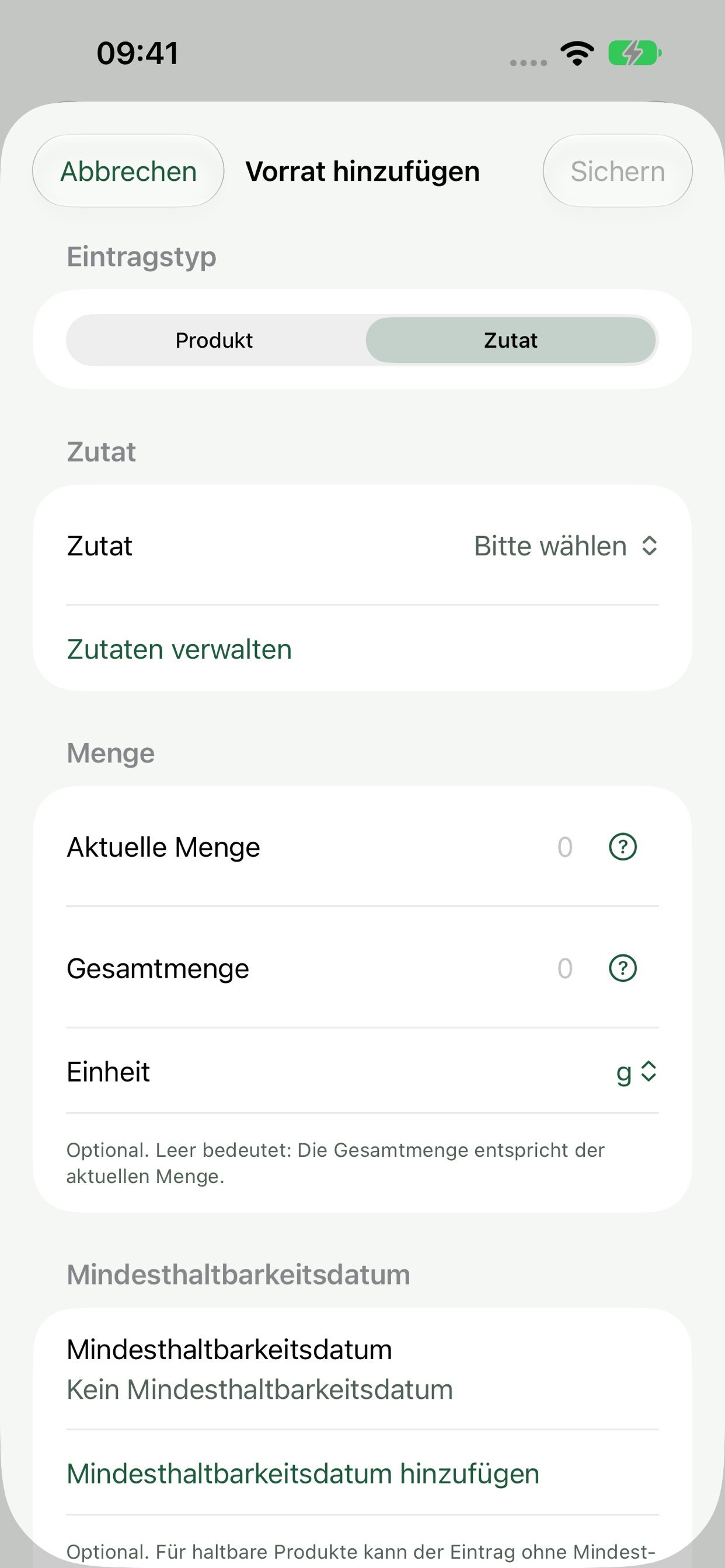 Vorrat erfassen mit Zutat, Menge, Einheit und Mindesthaltbarkeitsdatum