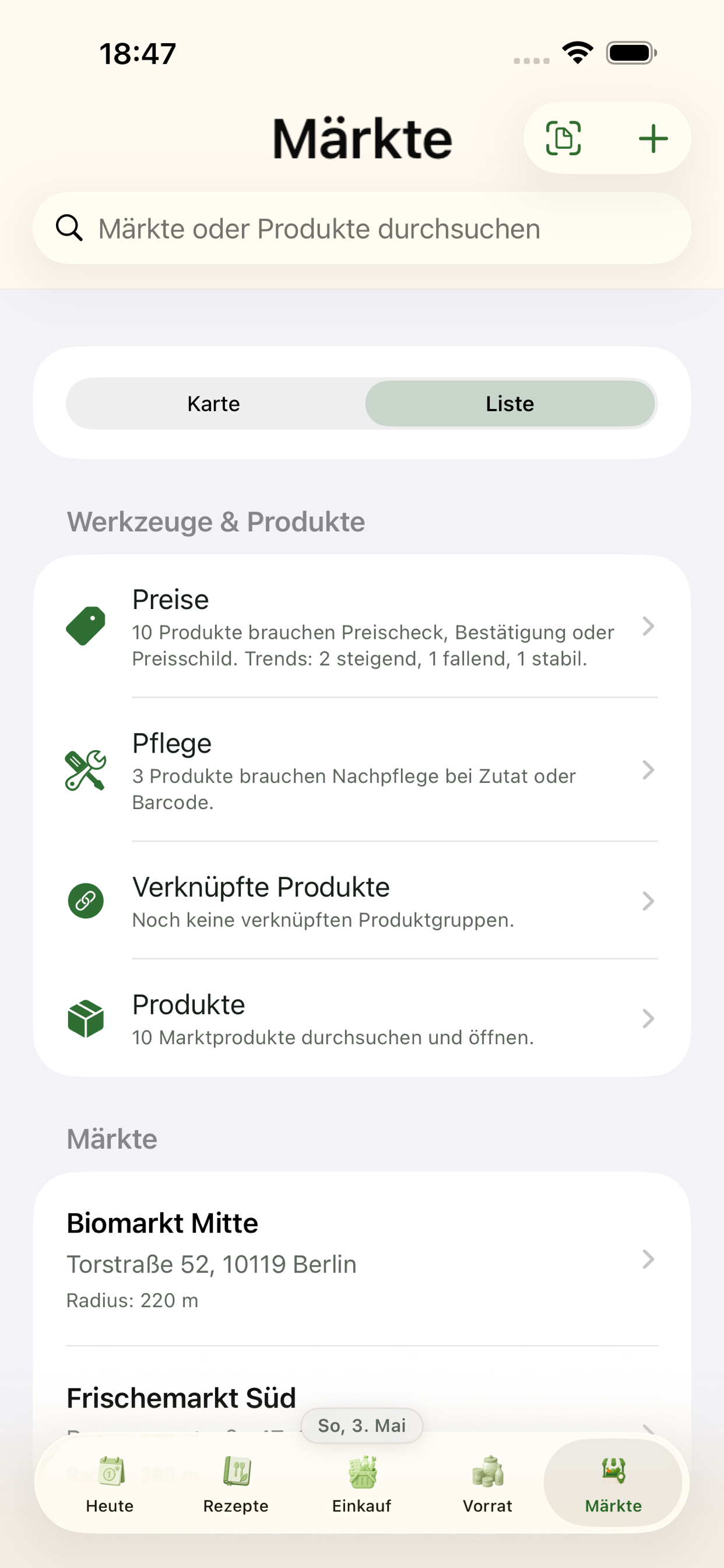 Marktliste mit Supermärkten und Preisstatus
