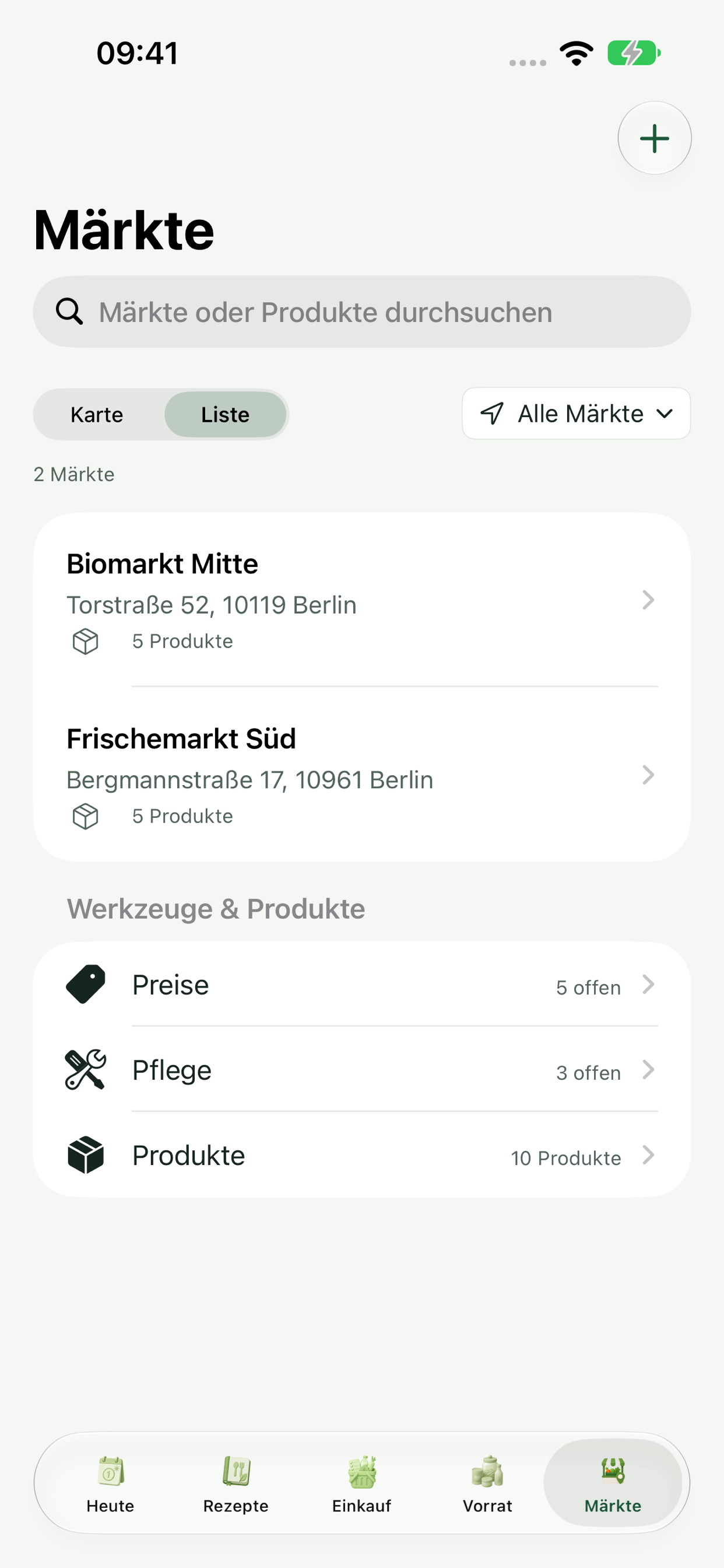 Marktliste mit Standortfilter und Zugang zu Preisen und Produktpflege