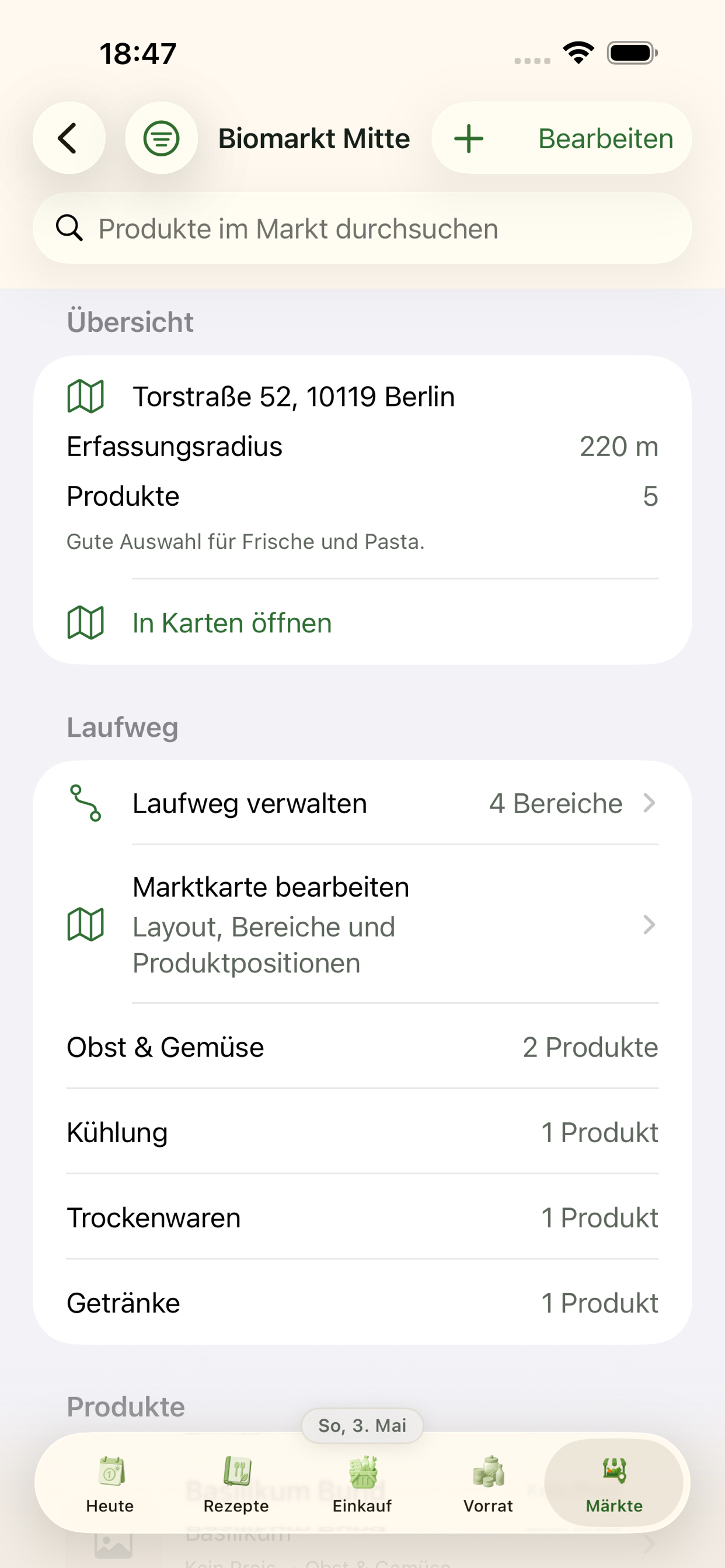 Marktdetail mit Produkten und Bereichen