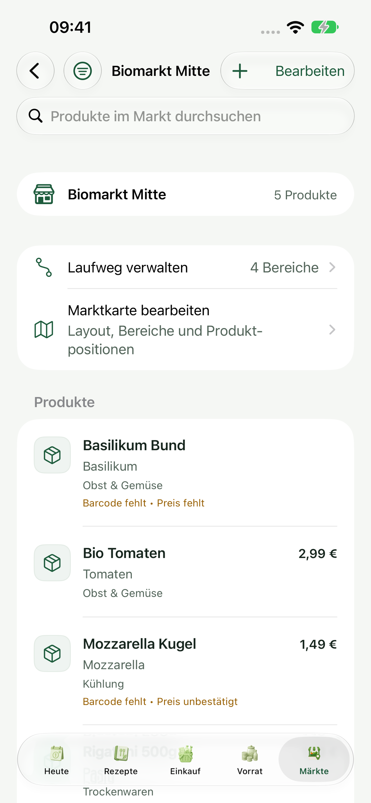 Marktdetail mit Produkten und Bereichen