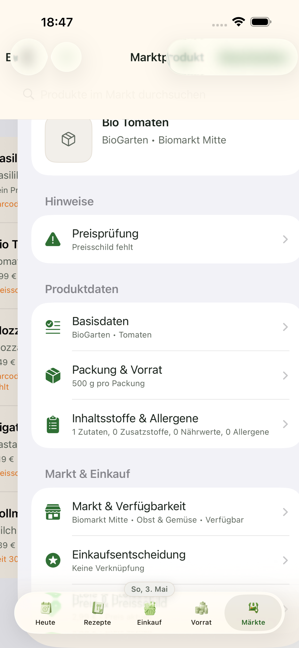 Produktdetail im Markt mit Preis und Packungsinformationen