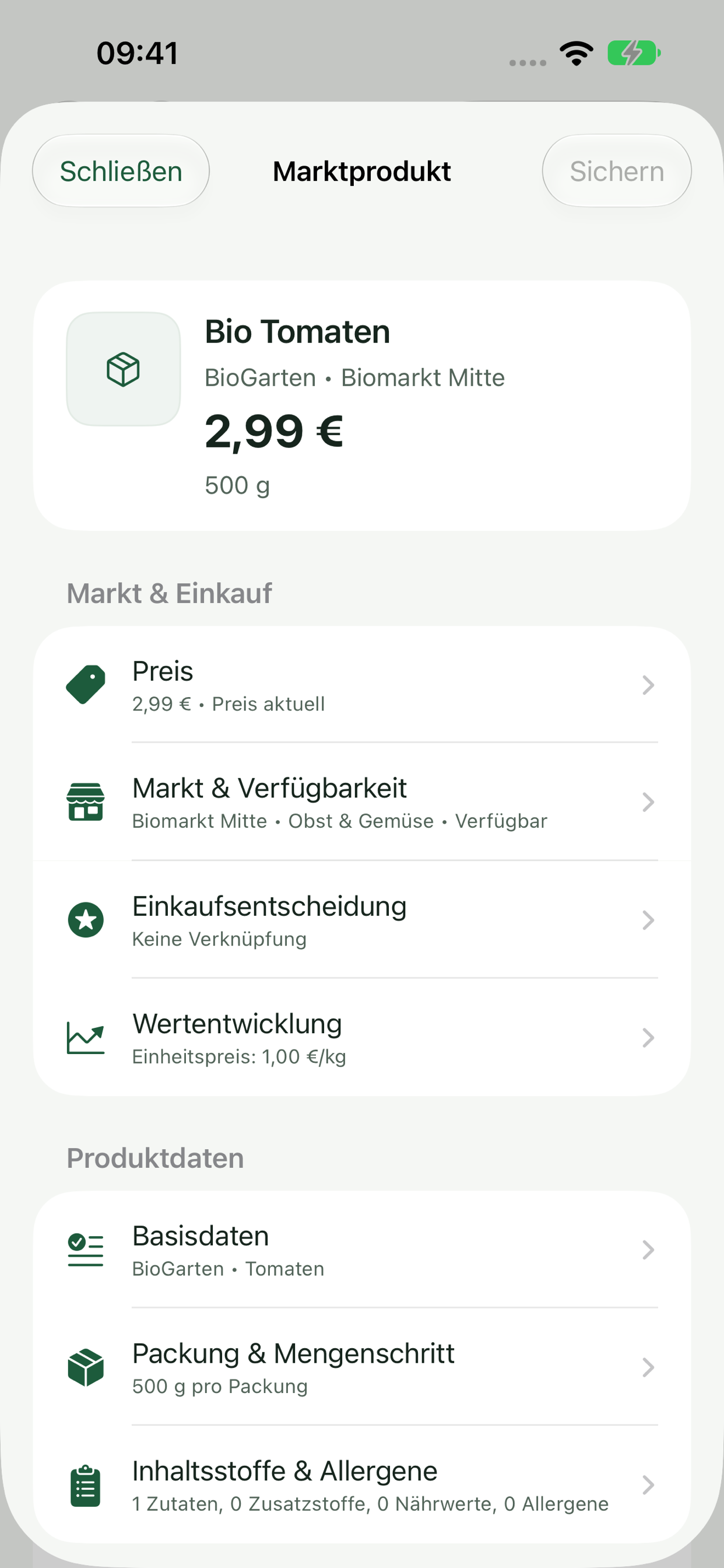 Produktdetail im Markt mit Preis und Packungsinformationen