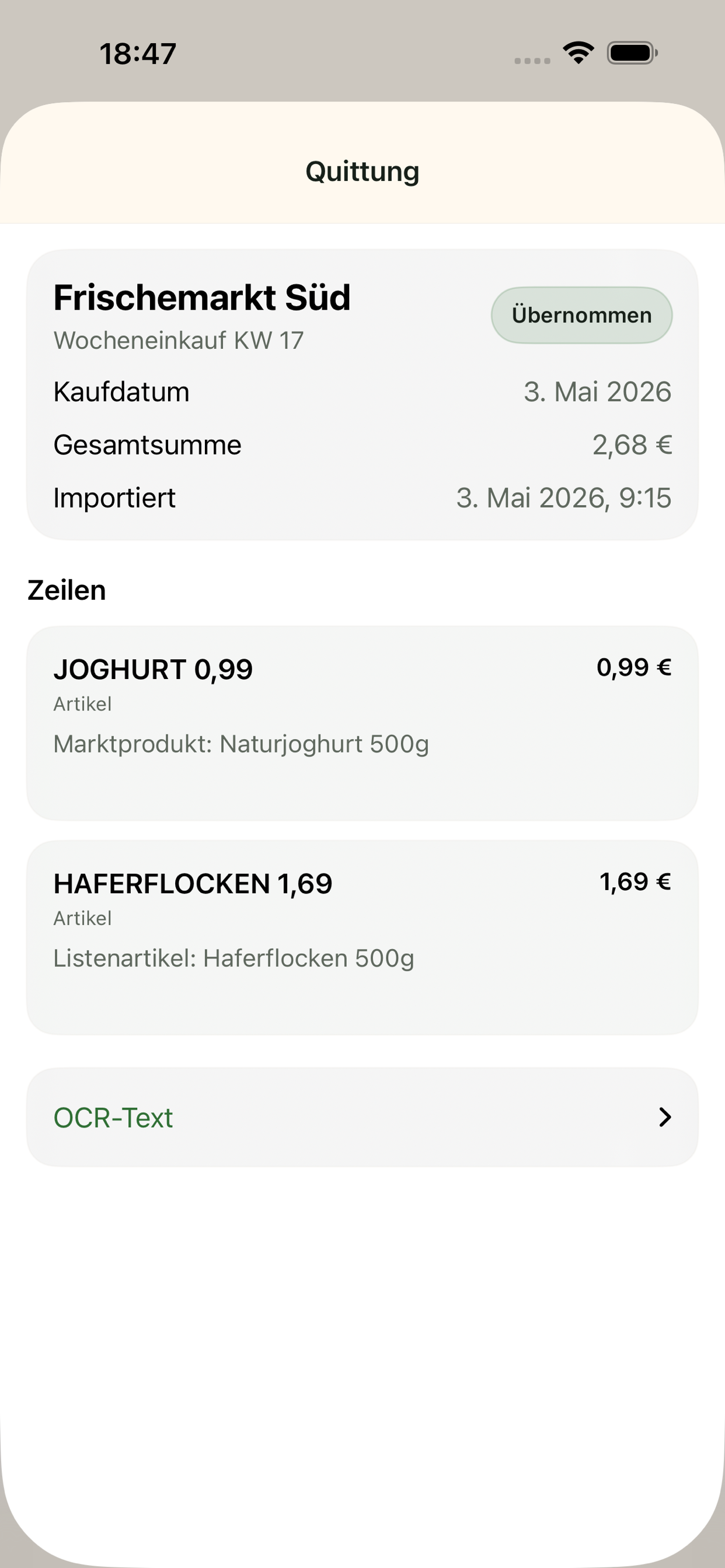 Belegdetail mit Zuordnung erkannter Zeilen