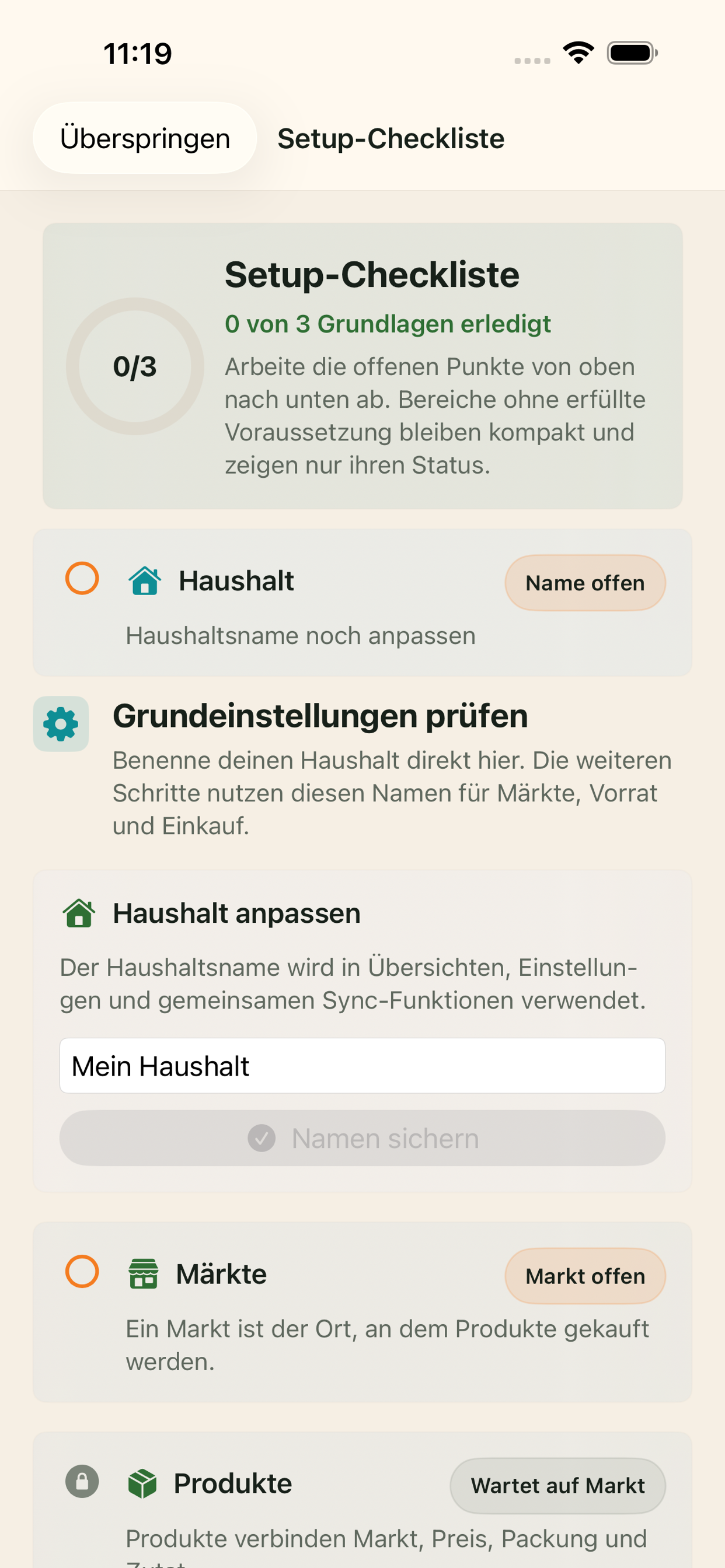 Setup-Checkliste mit Haushaltsschritt