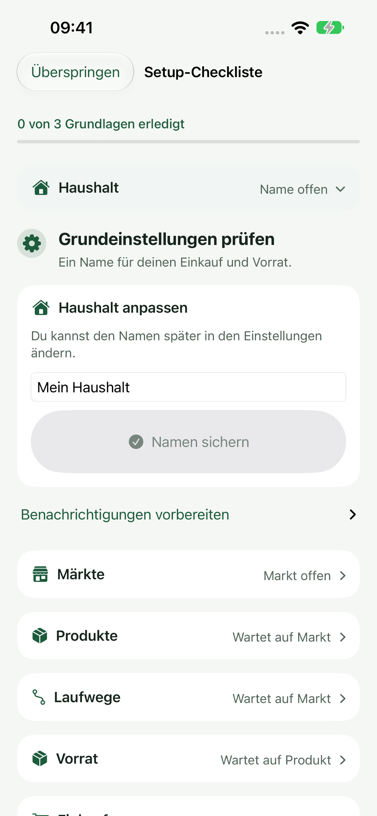 Setup-Checkliste mit Haushaltsschritt