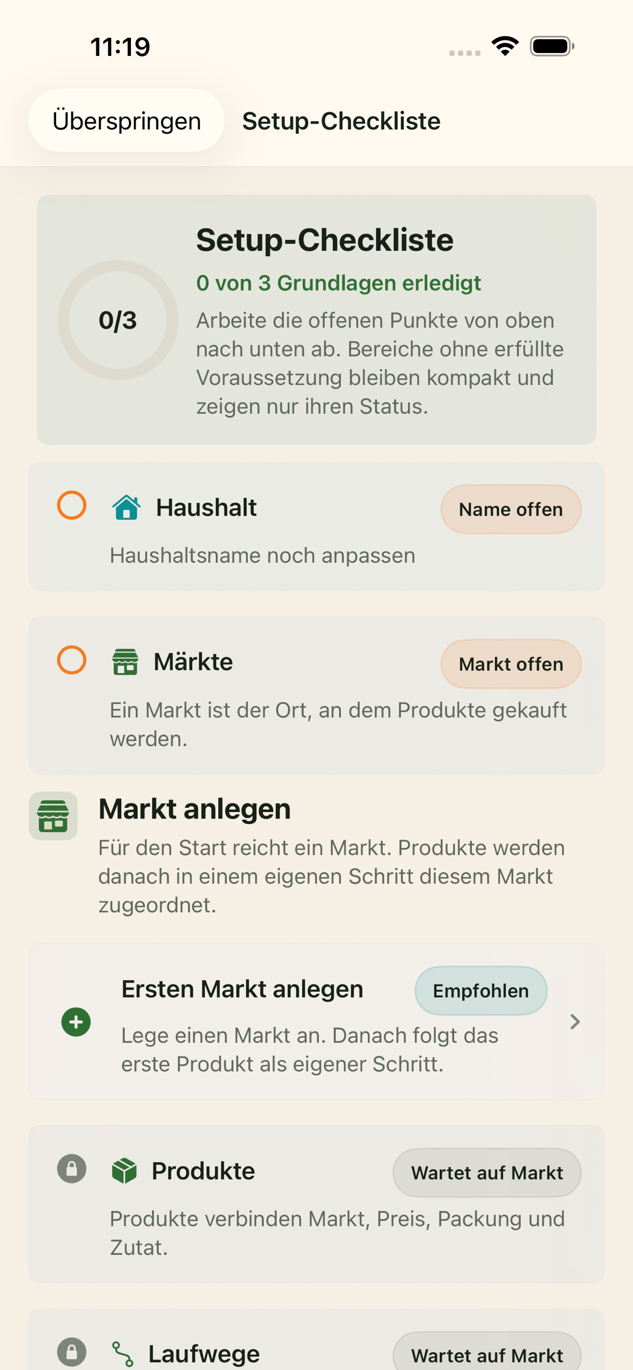 Setup-Checkliste mit Marktschritt