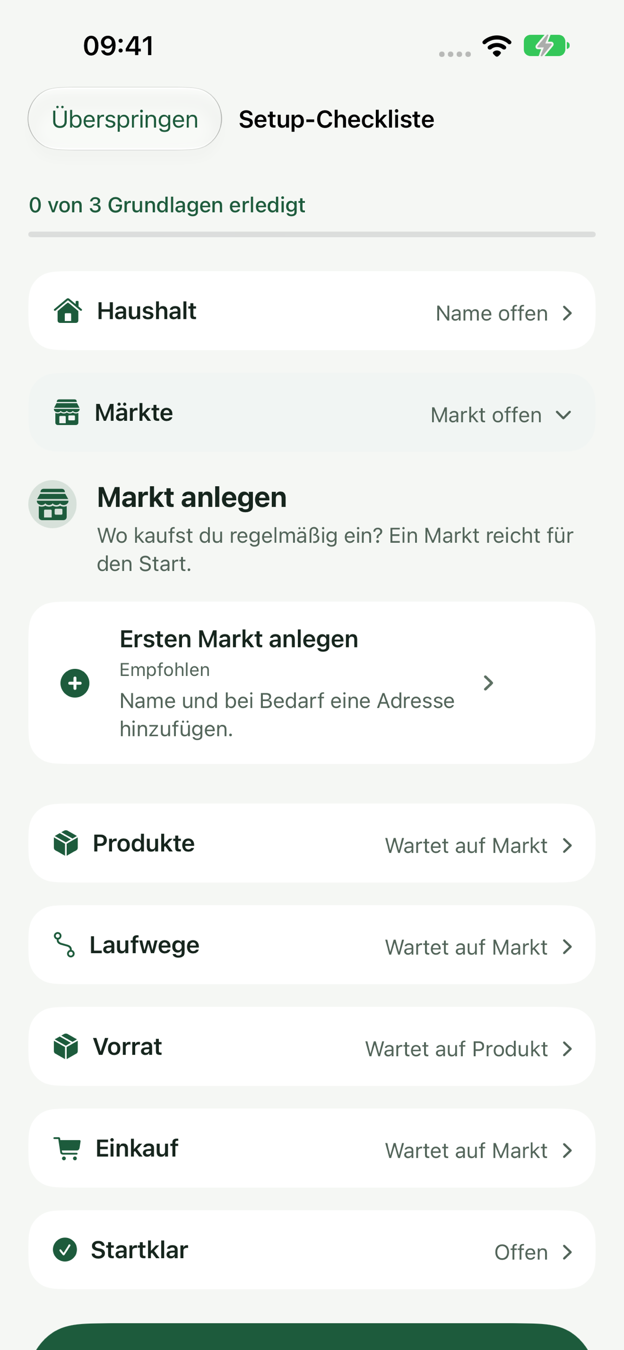 Setup-Checkliste mit Marktschritt