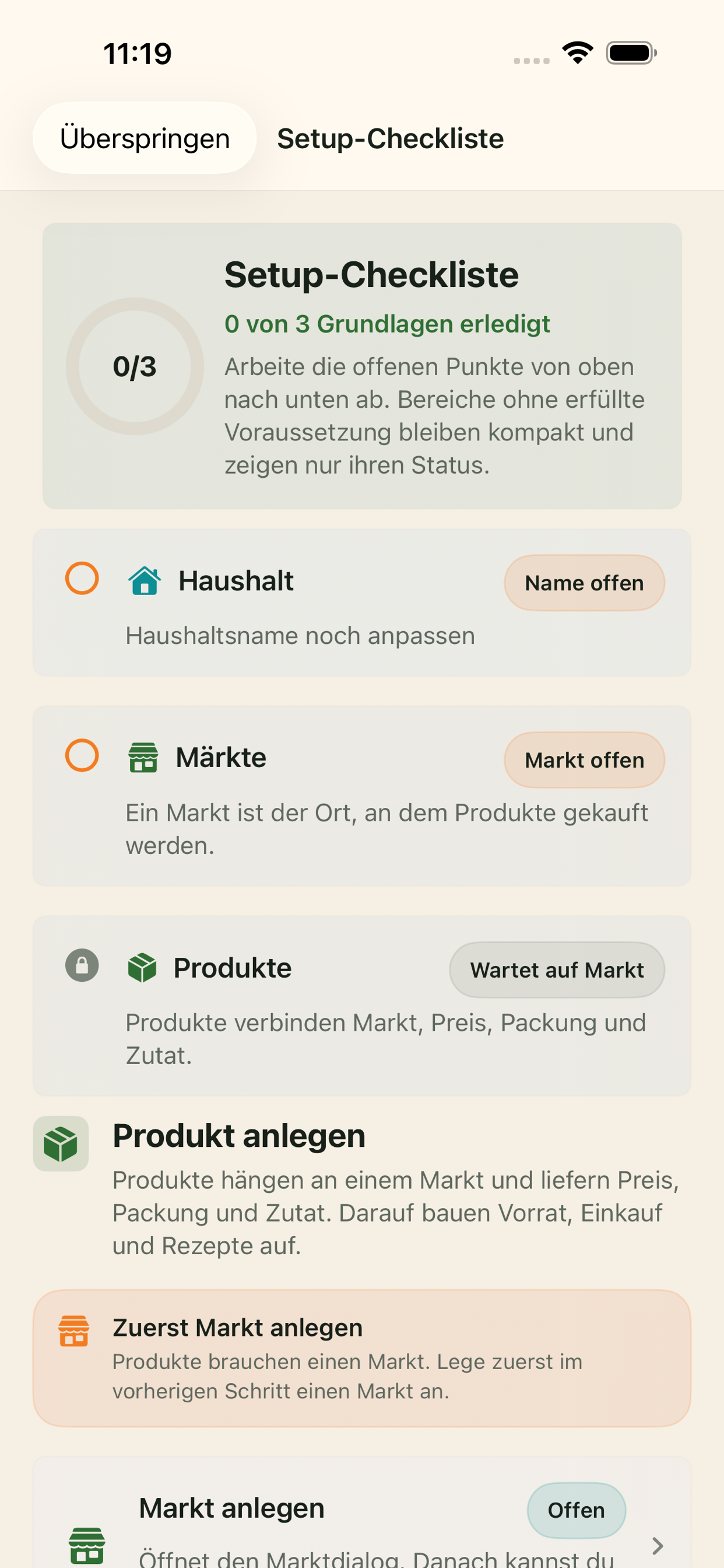 Setup-Checkliste mit Produktschritt