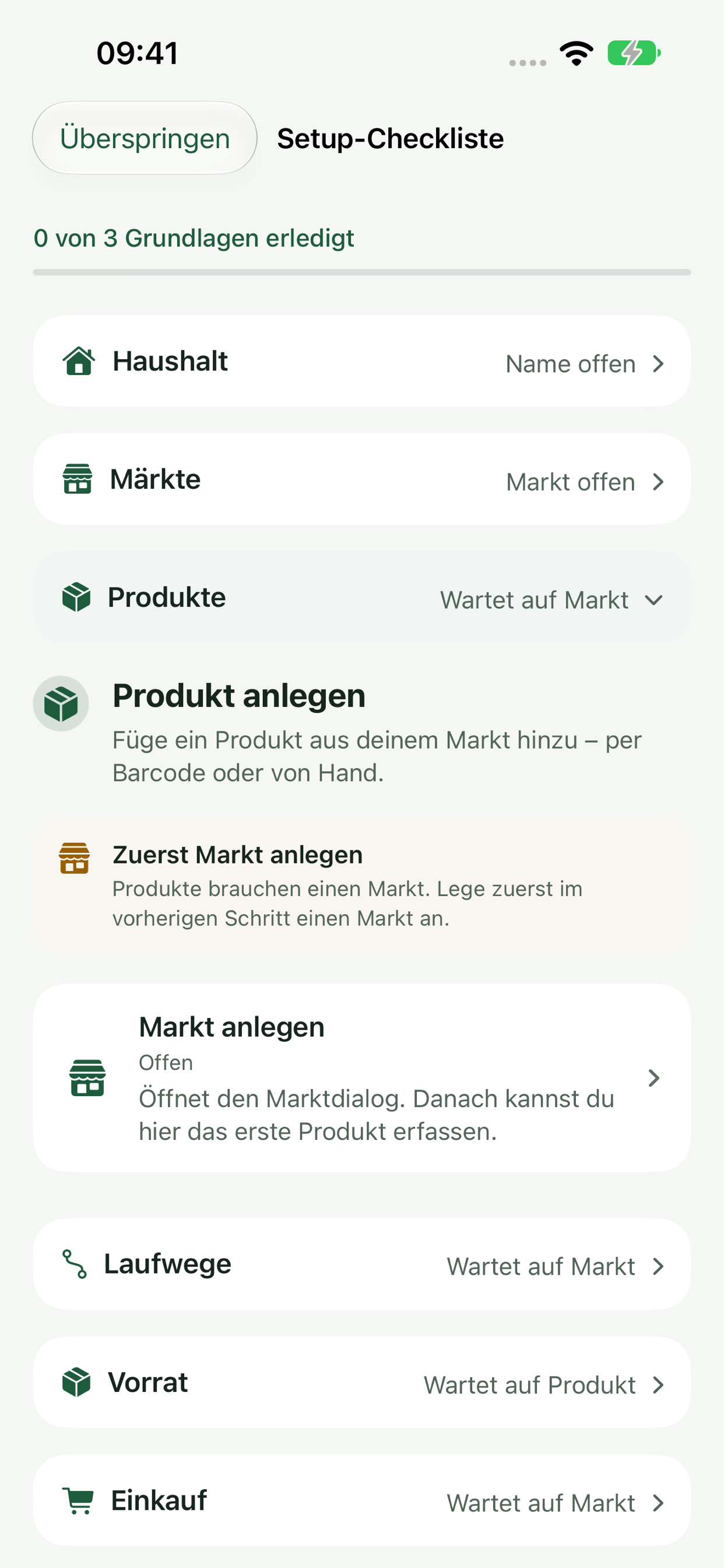 Setup-Checkliste mit Produktschritt