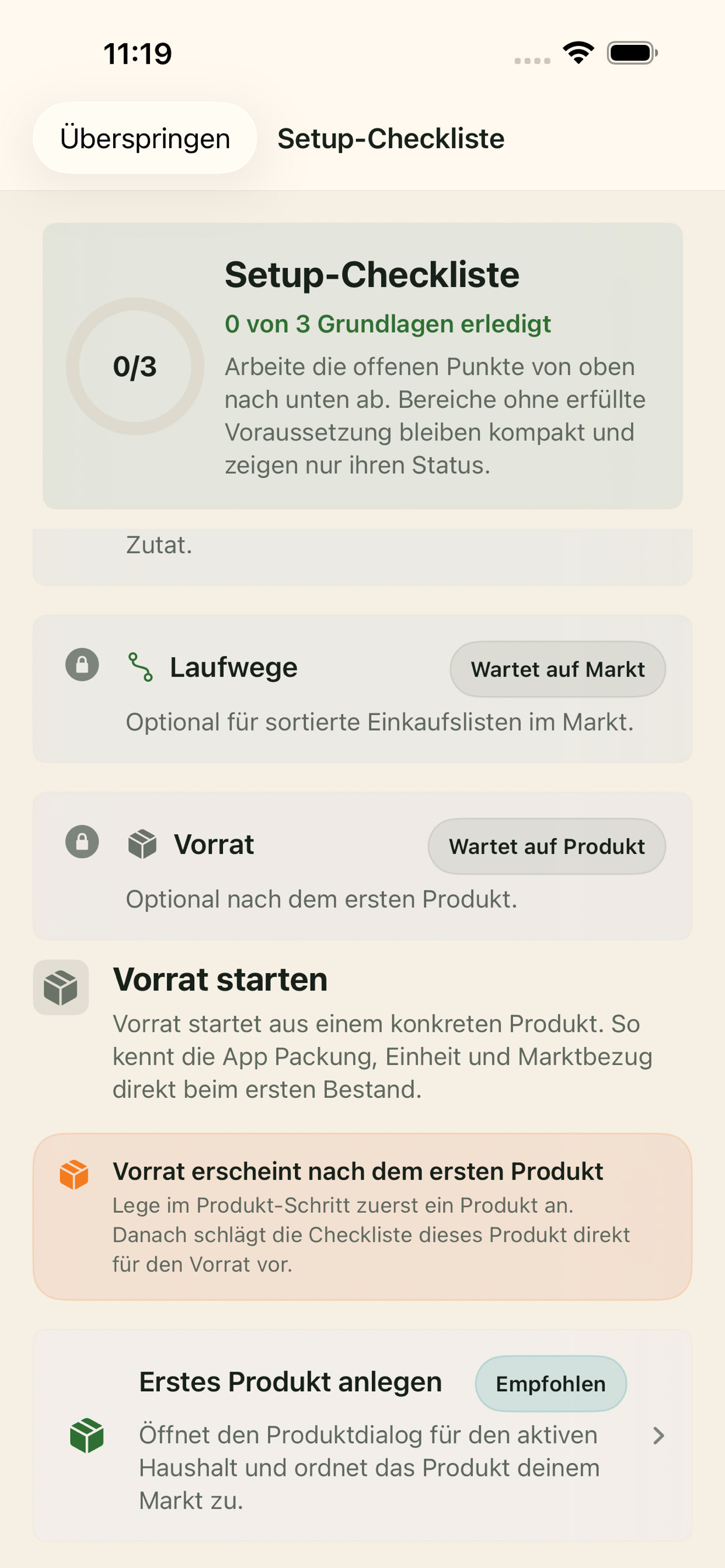Setup-Checkliste mit Vorratsschritt