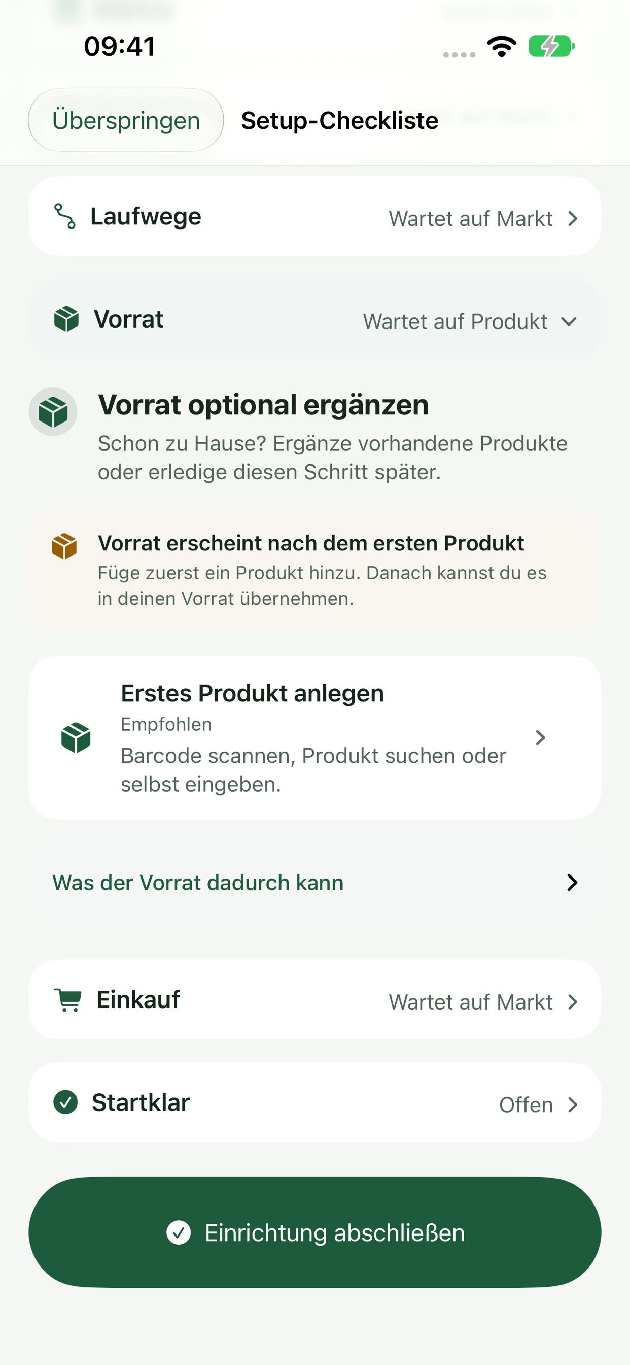 Setup-Checkliste mit Vorratsschritt