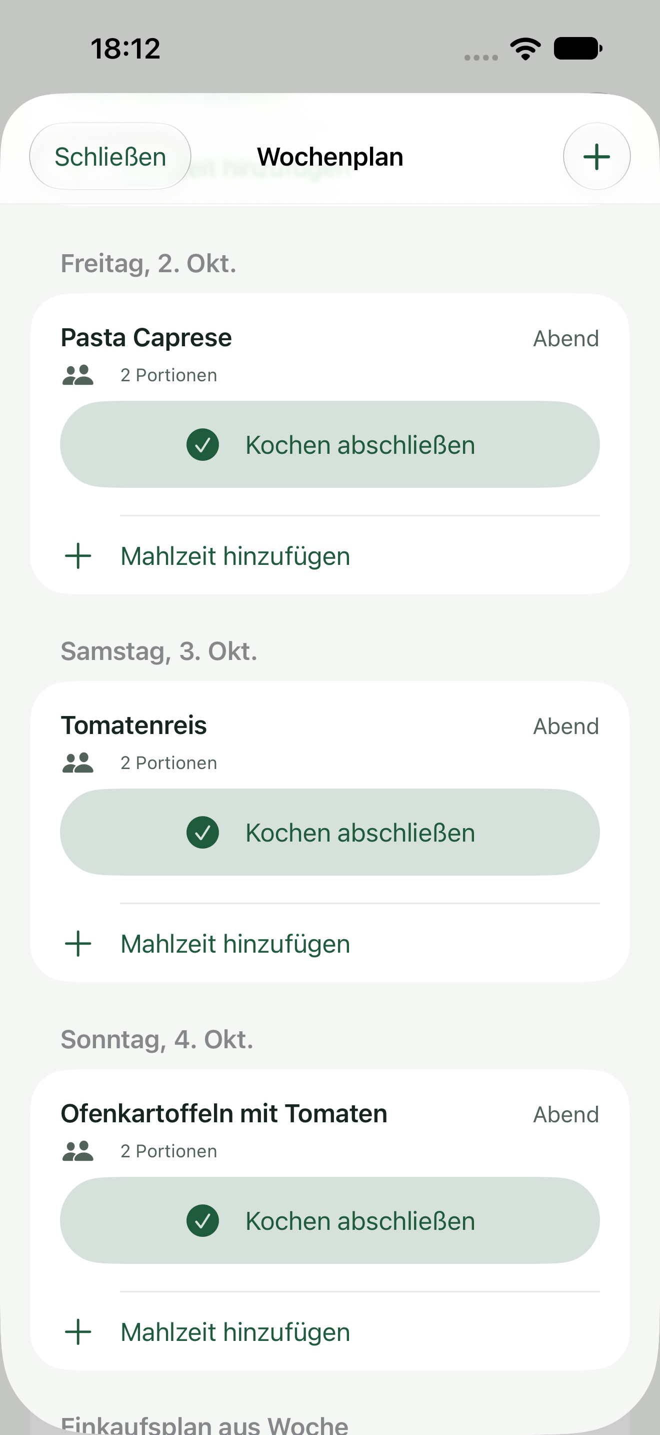 Wochenplan mit drei Abendessen für jeweils zwei Personen.