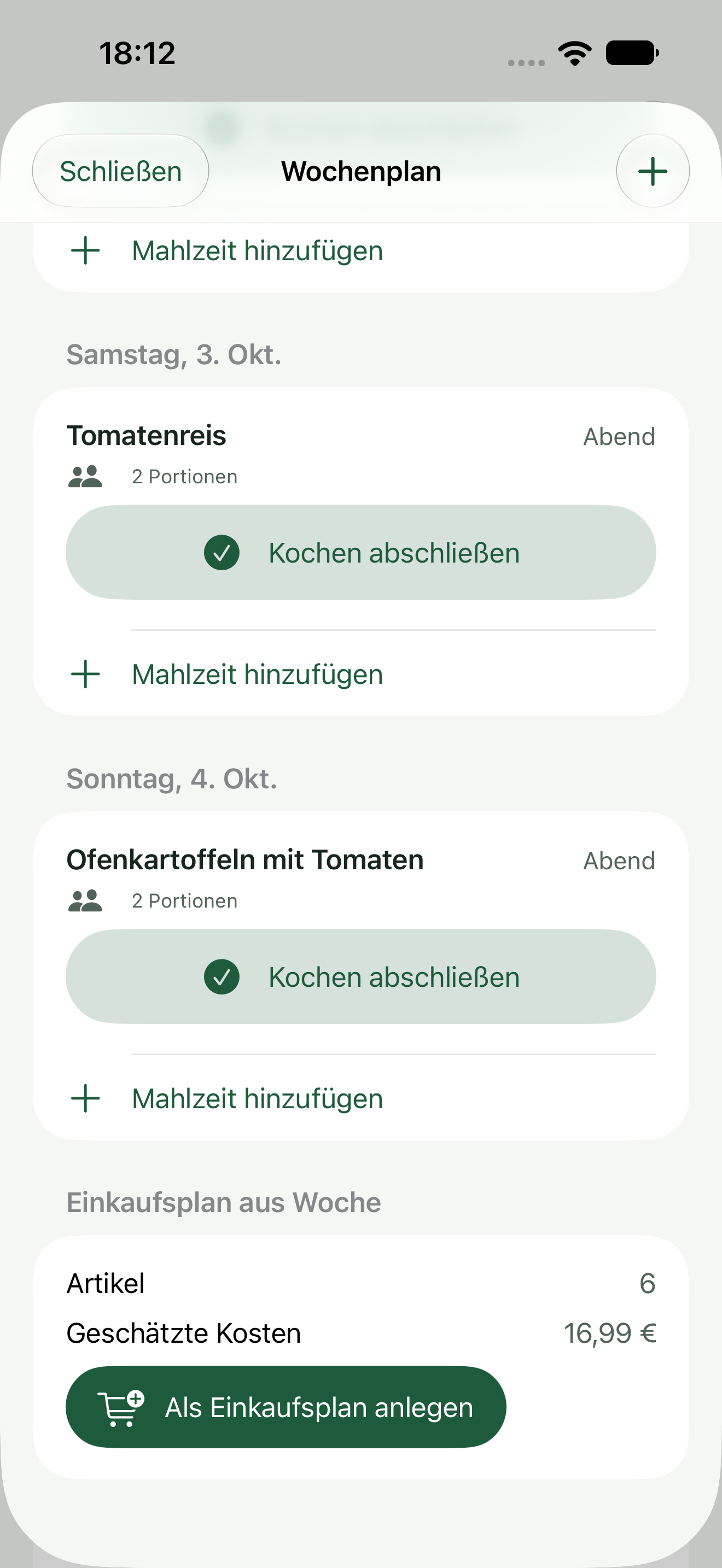 Einkaufsplan aus Woche mit sechs Artikeln, geschätzten 16,99 € und der Aktion zum Anlegen.