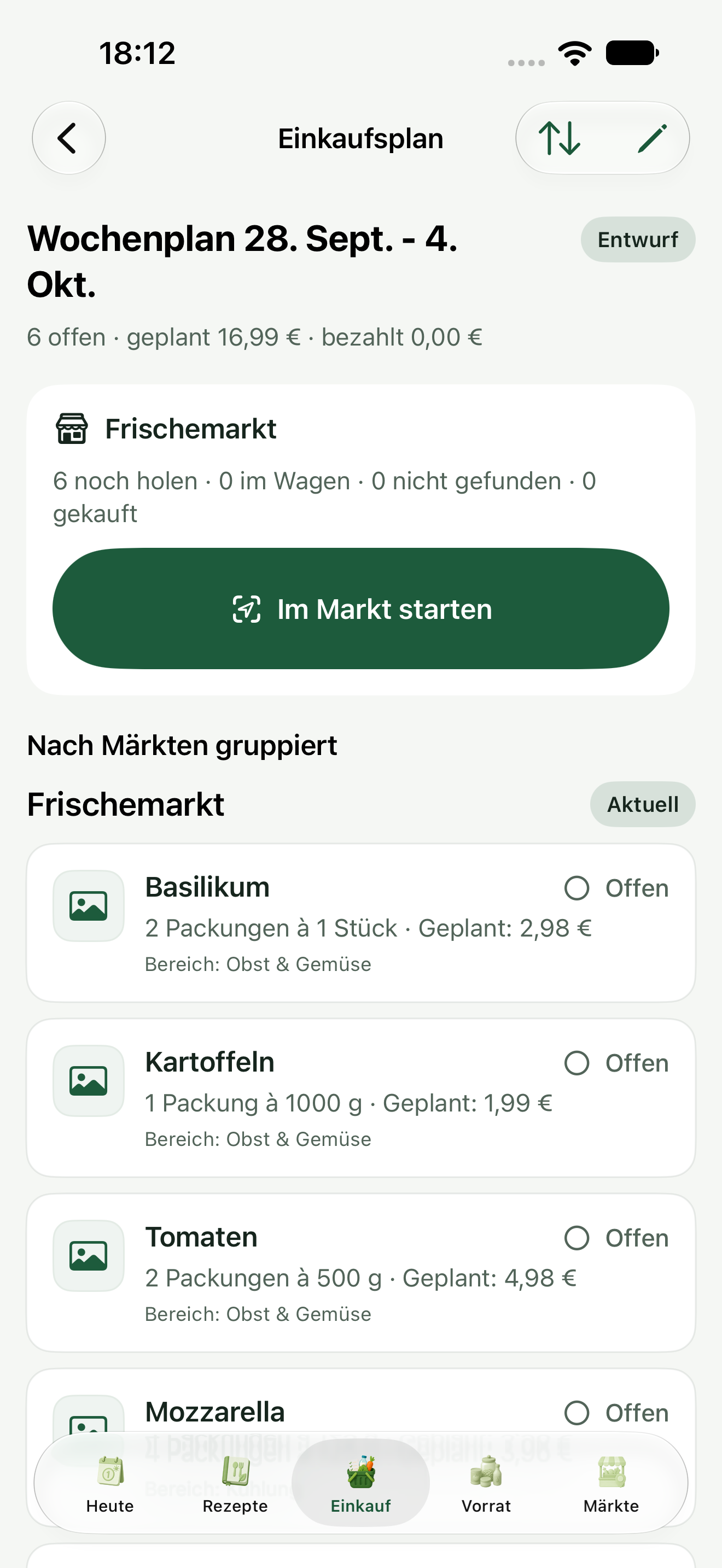 Erstellter Einkaufsplan mit sechs Produkten, darunter zwei Packungen Tomaten à 500 g.