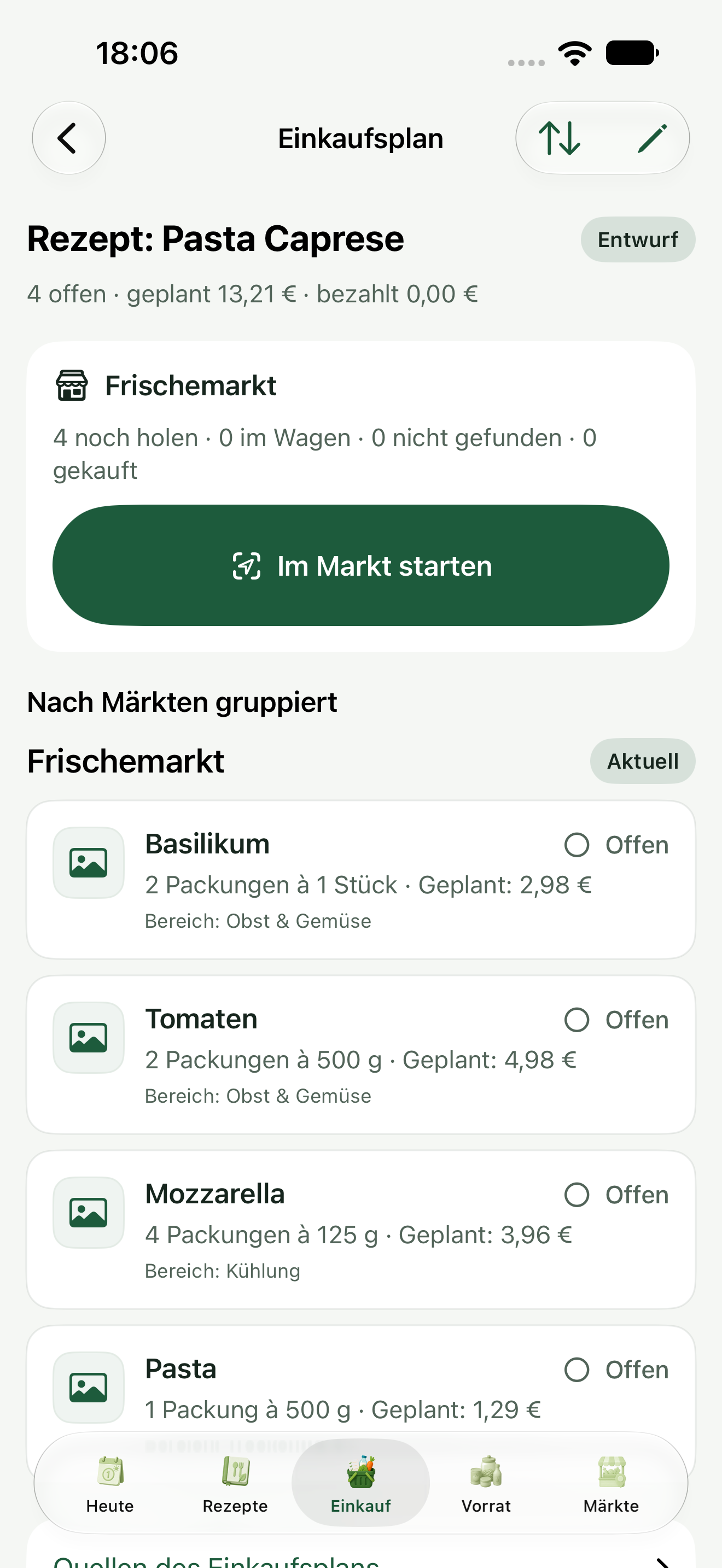 Einkaufsplan für vier Portionen mit vier Produkten und geschätzten 13,21 €.