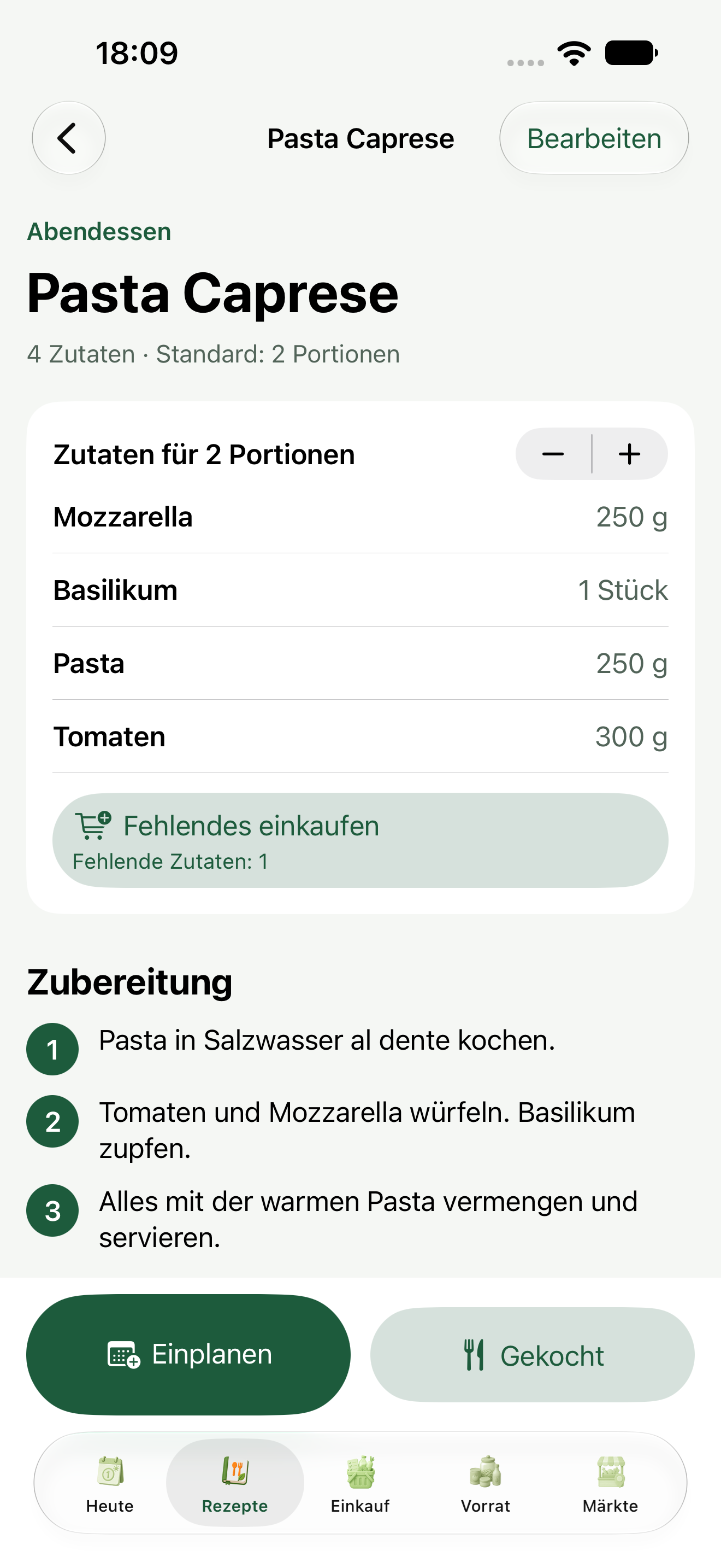 Pasta Caprese für zwei Portionen mit dem Hinweis „Fehlende Zutaten: 1“.