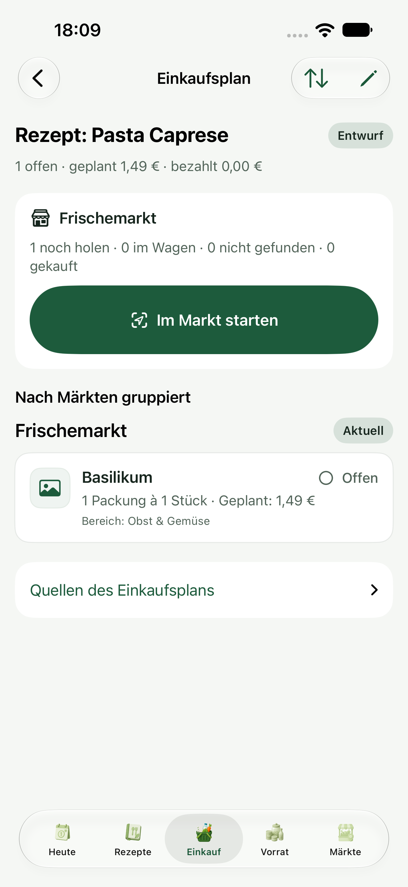Neue Einkaufsliste mit ausschließlich Basilikum für geschätzte 1,49 €.