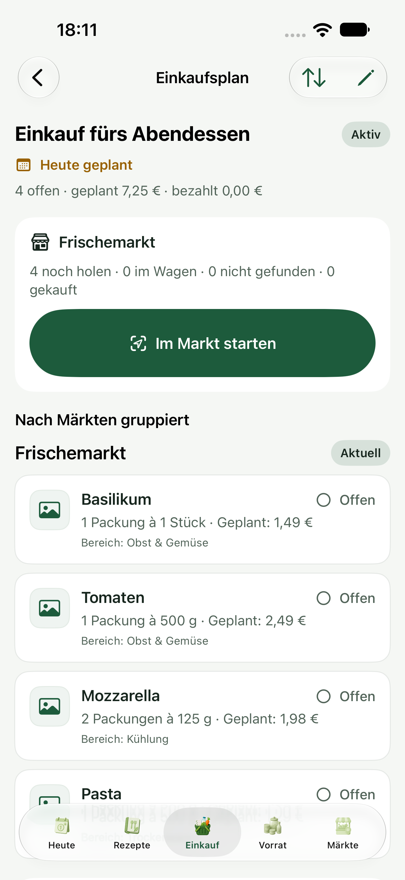 Aktiver Einkaufsplan „Einkauf fürs Abendessen“ mit vier Produkten und der Aktion „Im Markt starten“.