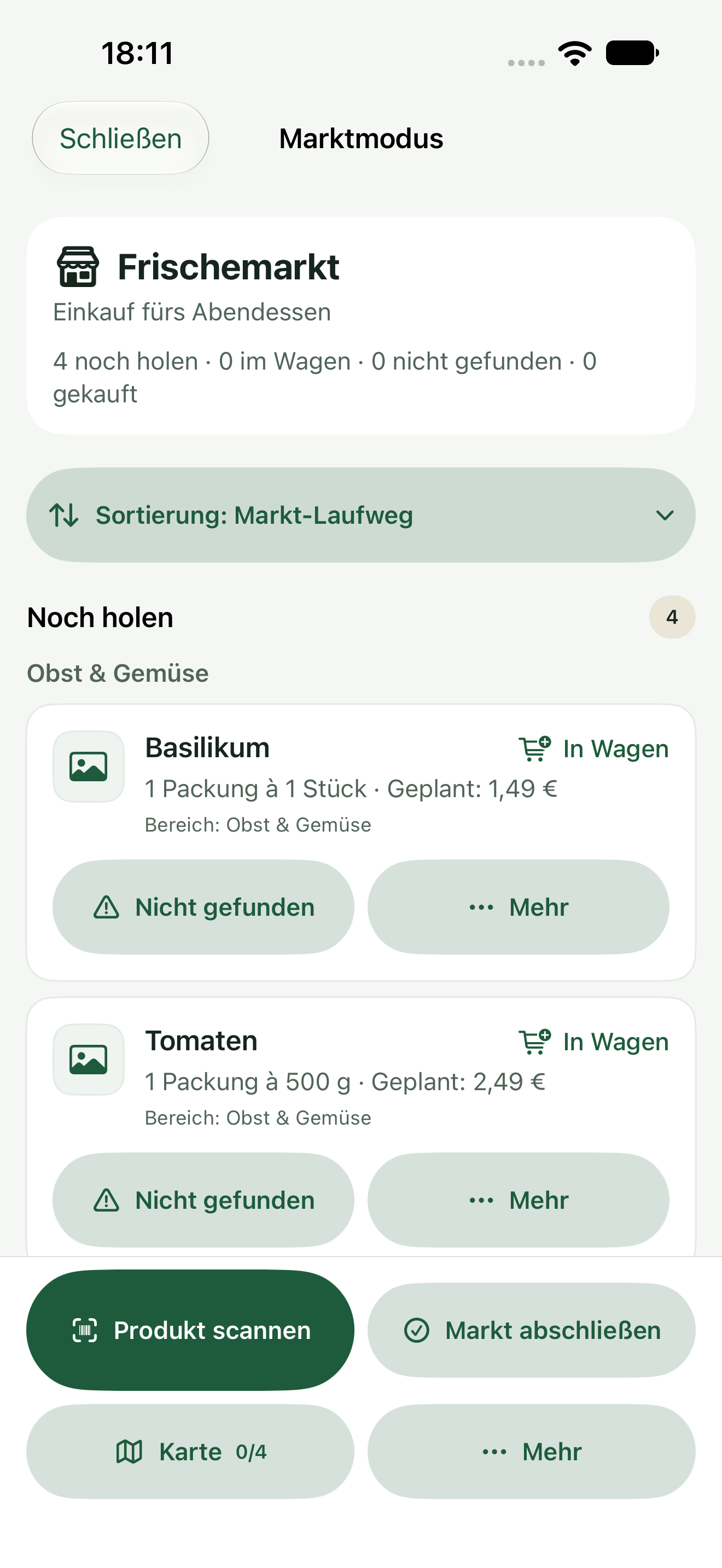 Marktmodus mit noch zu holenden Produkten und Aktionen für den Artikelstatus.