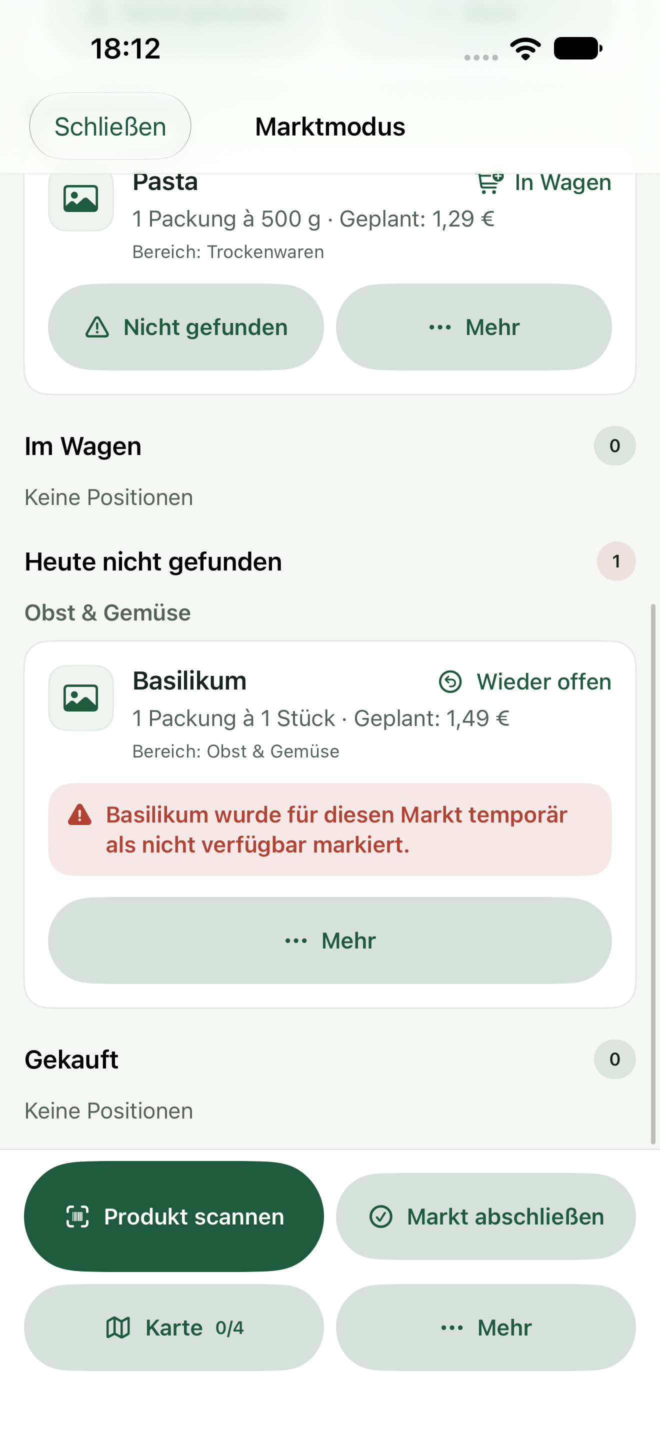 Basilikum im Abschnitt „Heute nicht gefunden“, getrennt von gekauften Artikeln.